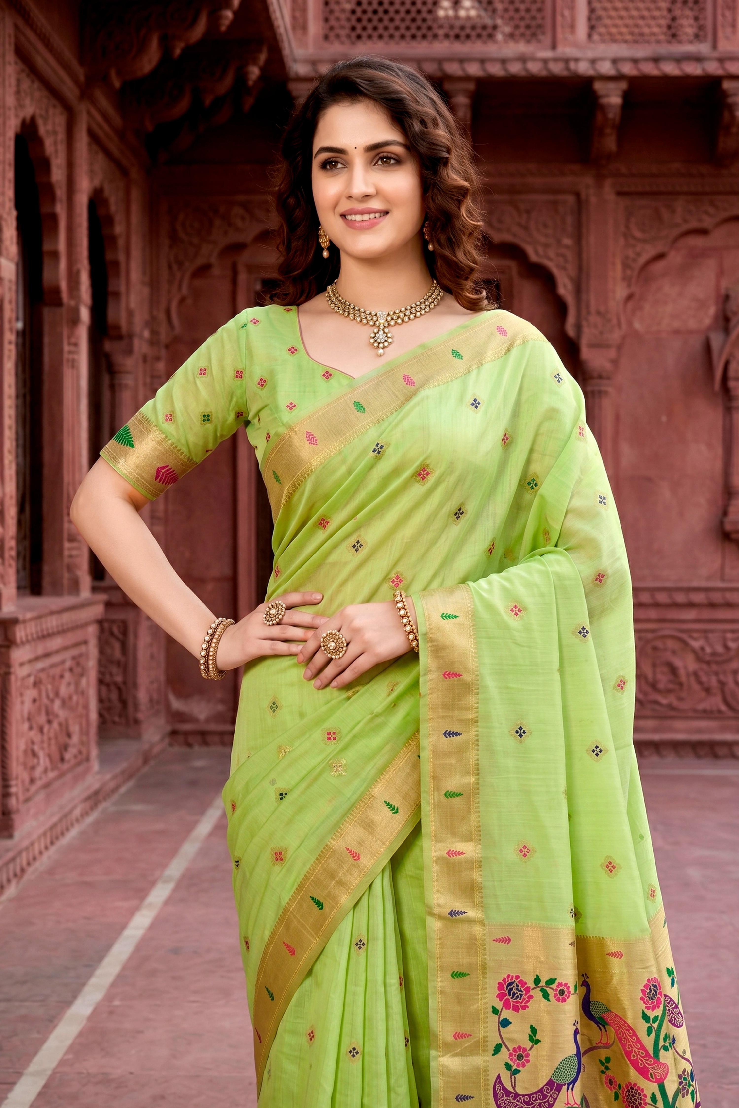 Sangam Prints Parrot Green Cotton Blend Woven Work Traditional Saree - Dista