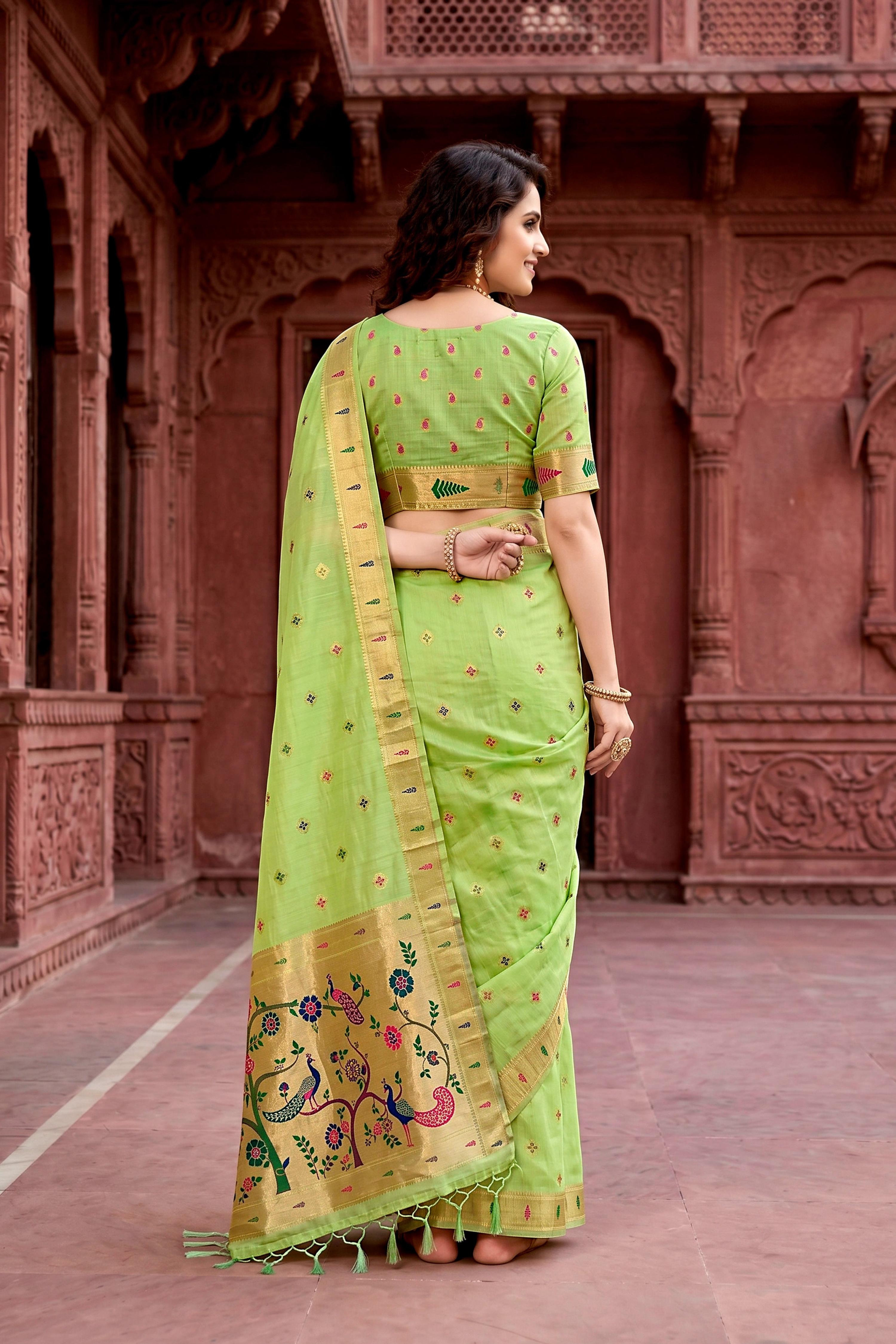 Sangam Prints Parrot Green Cotton Blend Woven Work Traditional Saree - Dista