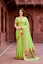Thumbnail for Sangam Prints Parrot Green Cotton Blend Woven Work Traditional Saree - Dista