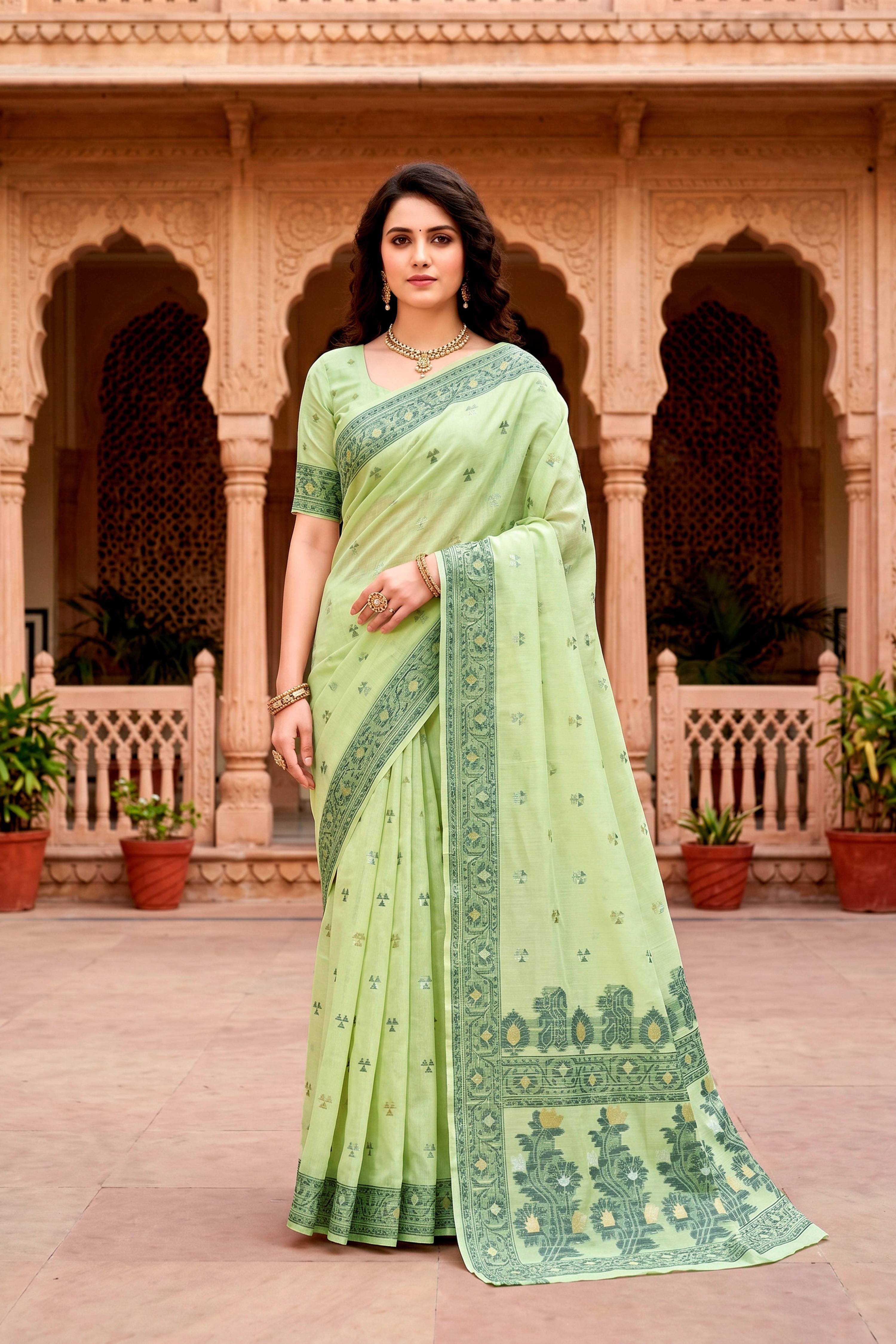 Sangam Prints Green Cotton Blend Woven Work Traditional Saree - Dista