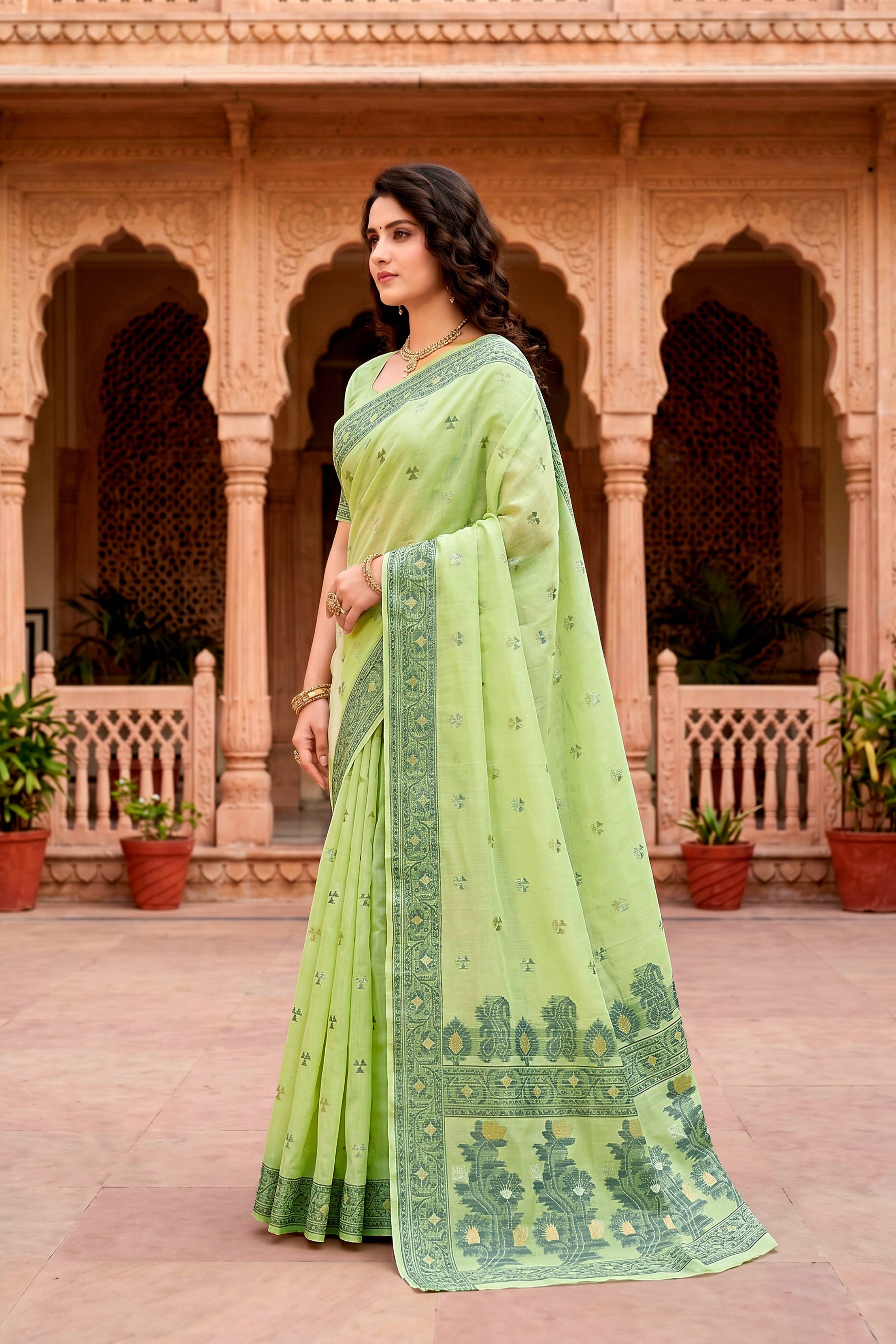 Sangam Prints Green Cotton Blend Woven Work Traditional Saree - Dista