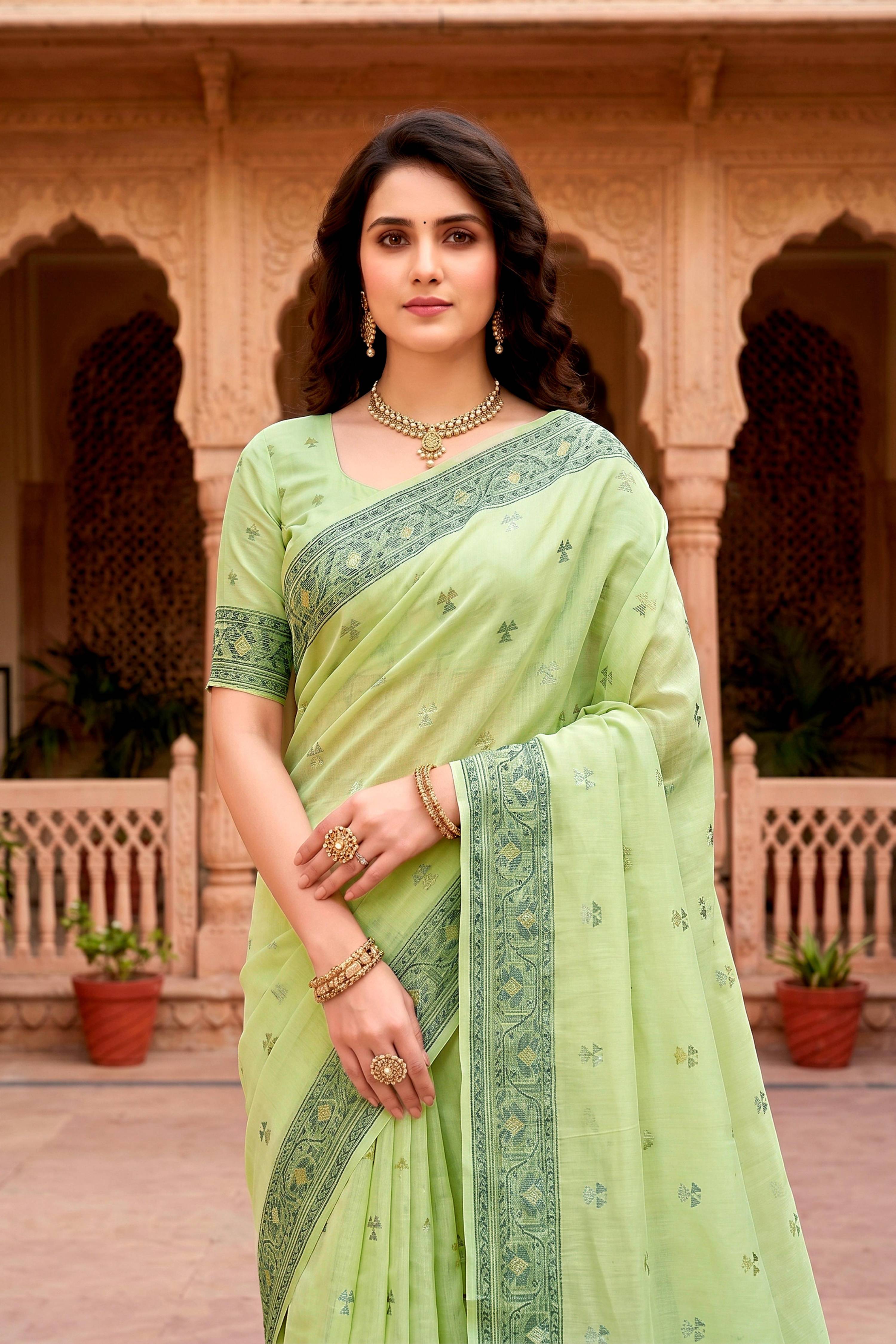 Sangam Prints Green Cotton Blend Woven Work Traditional Saree - Dista