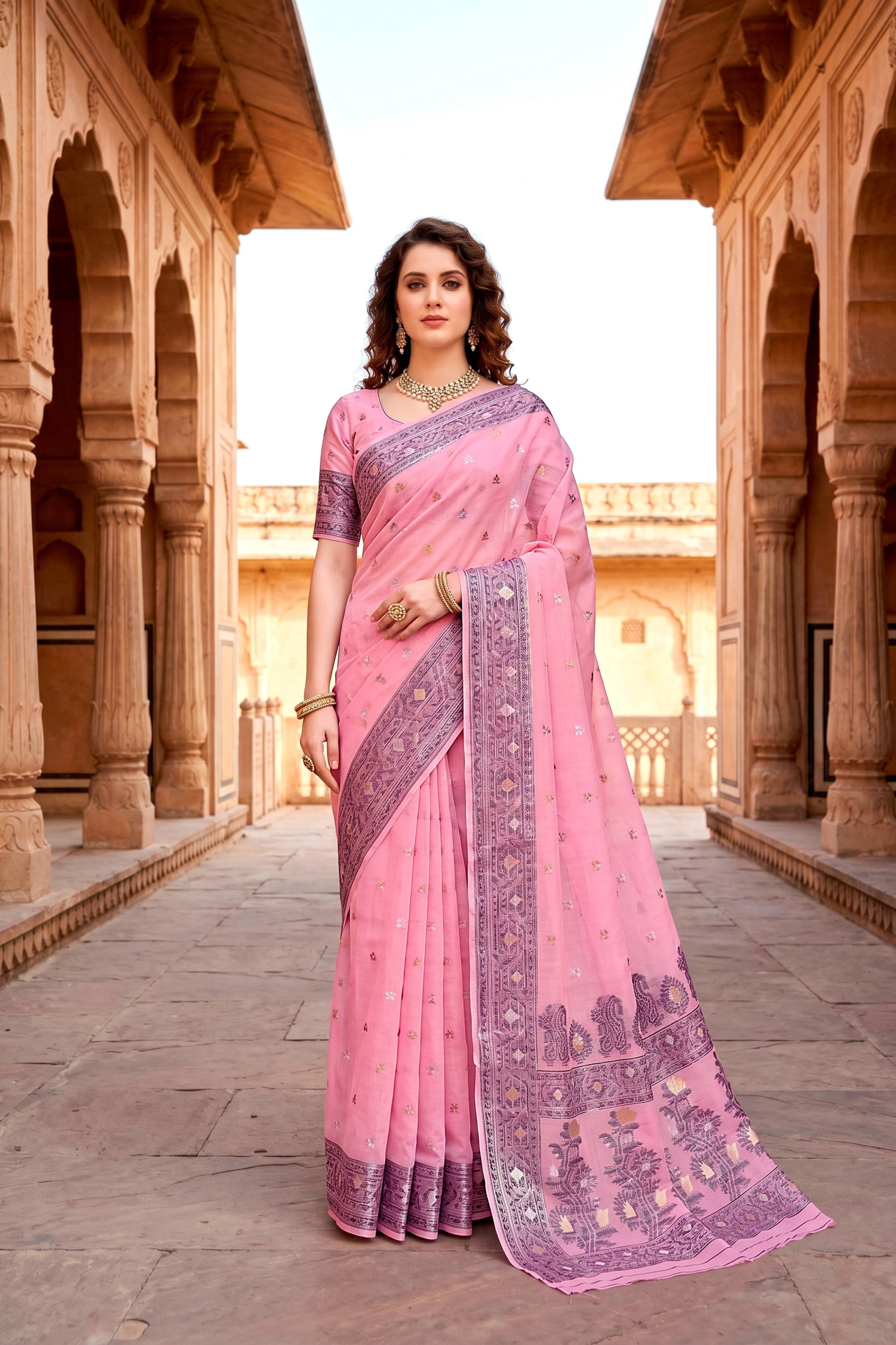 Sangam Prints Pink Cotton Blend Woven Work Traditional Saree - Dista