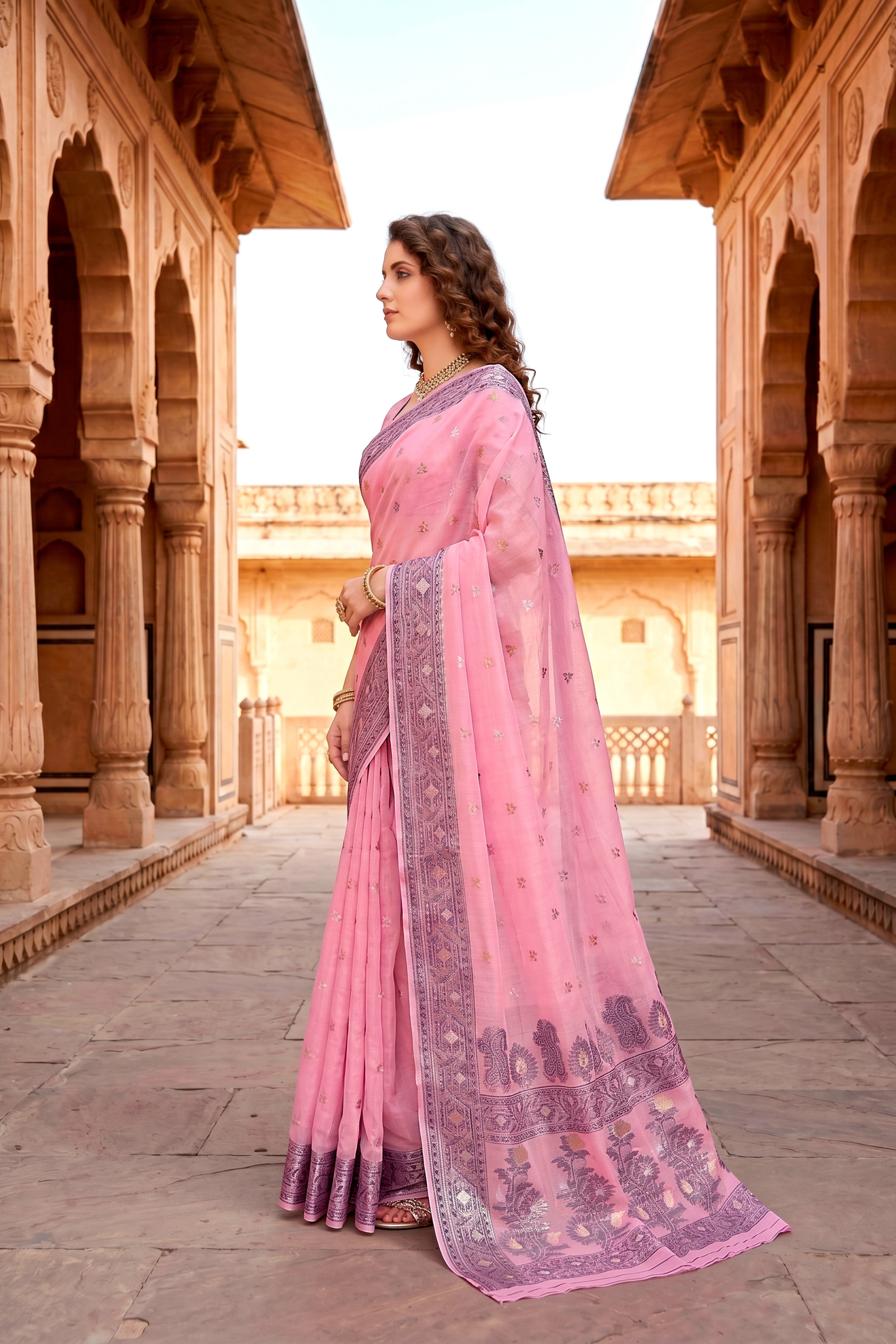 Sangam Prints Pink Cotton Blend Woven Work Traditional Saree - Dista