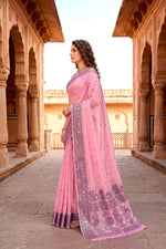Thumbnail for Sangam Prints Pink Cotton Blend Woven Work Traditional Saree - Dista