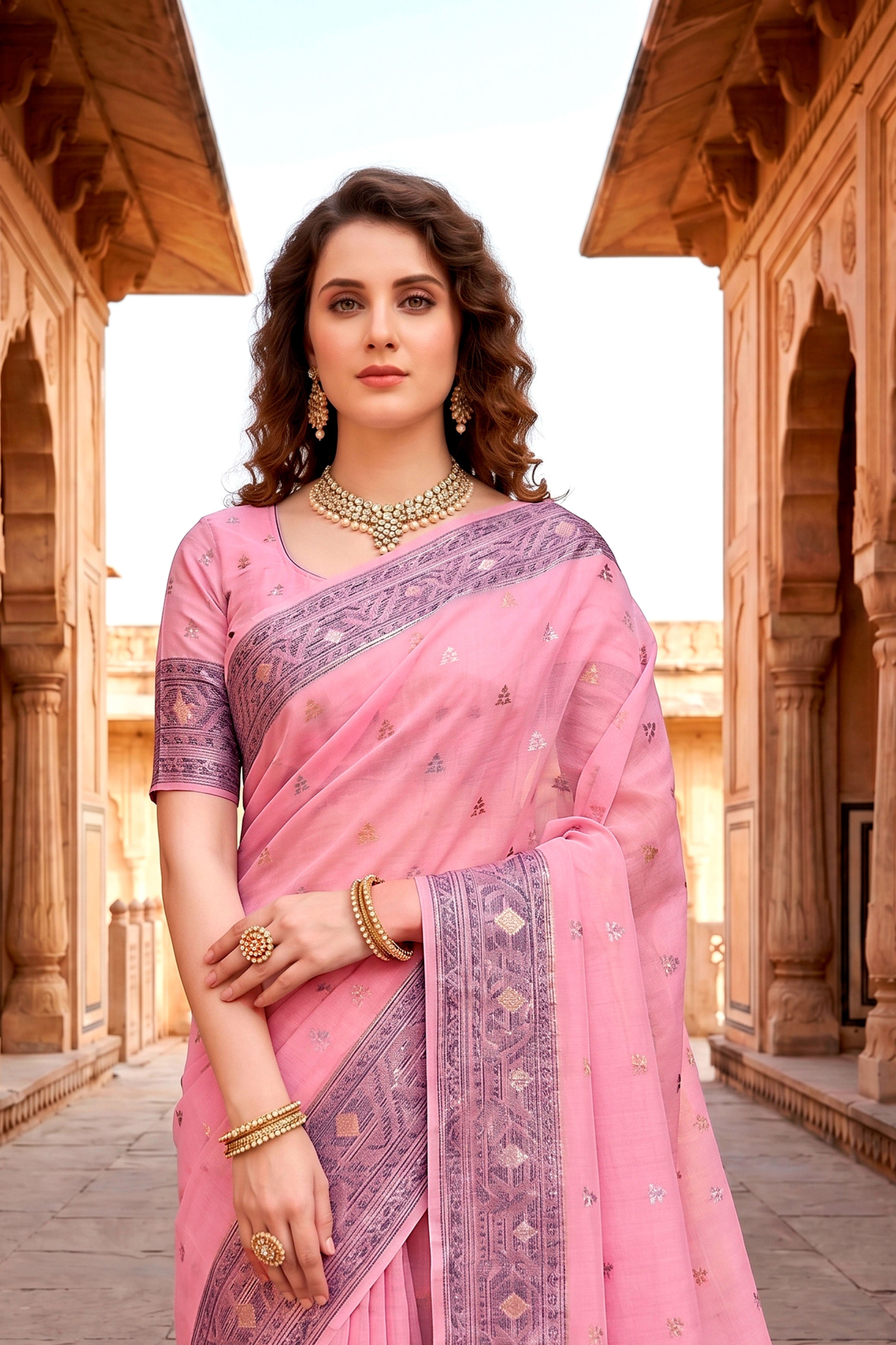 Sangam Prints Pink Cotton Blend Woven Work Traditional Saree - Dista