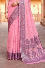 Thumbnail for Sangam Prints Pink Cotton Blend Woven Work Traditional Saree - Dista