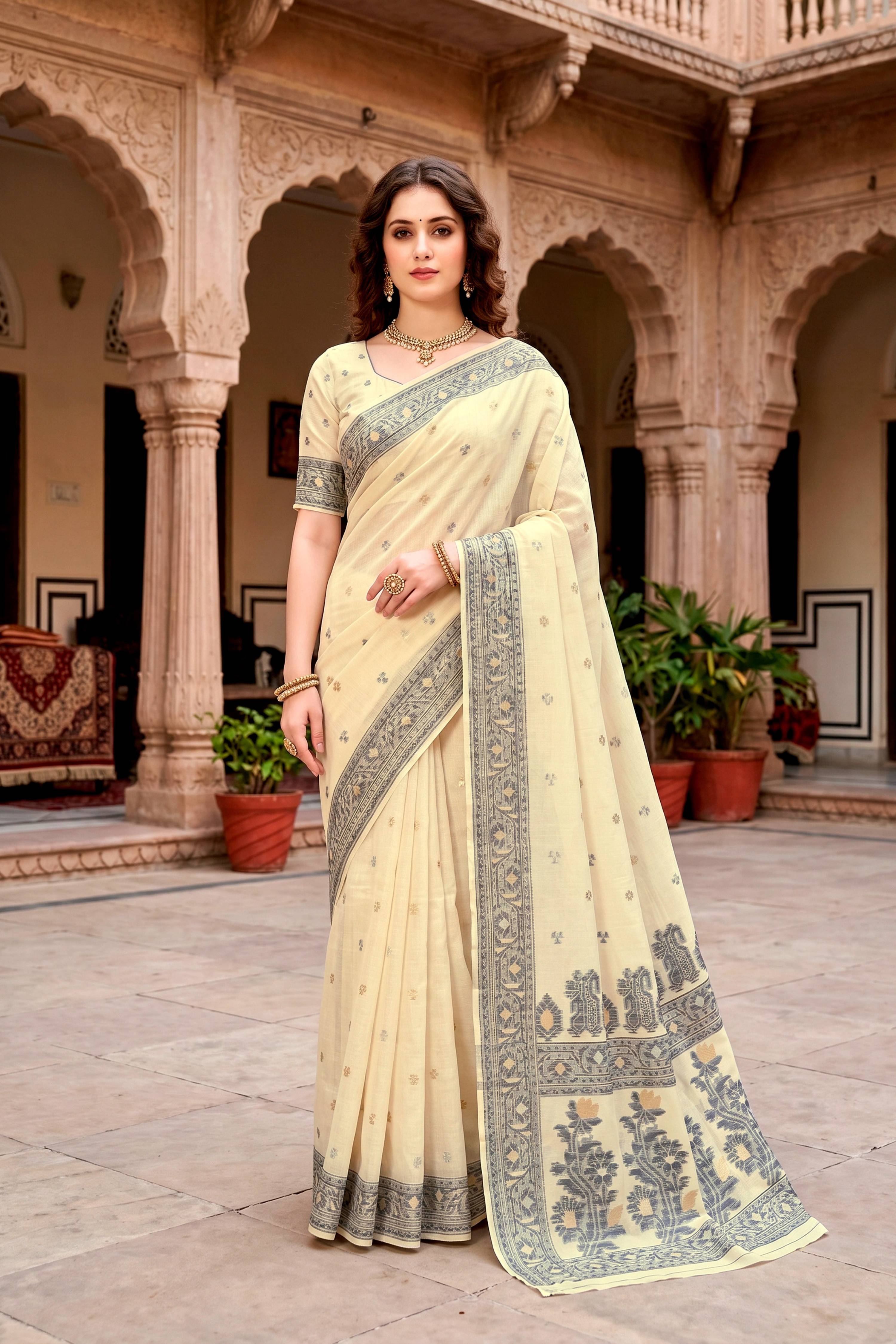 Sangam Prints Light Yellow Cotton Blend Woven Work Traditional Saree - Dista