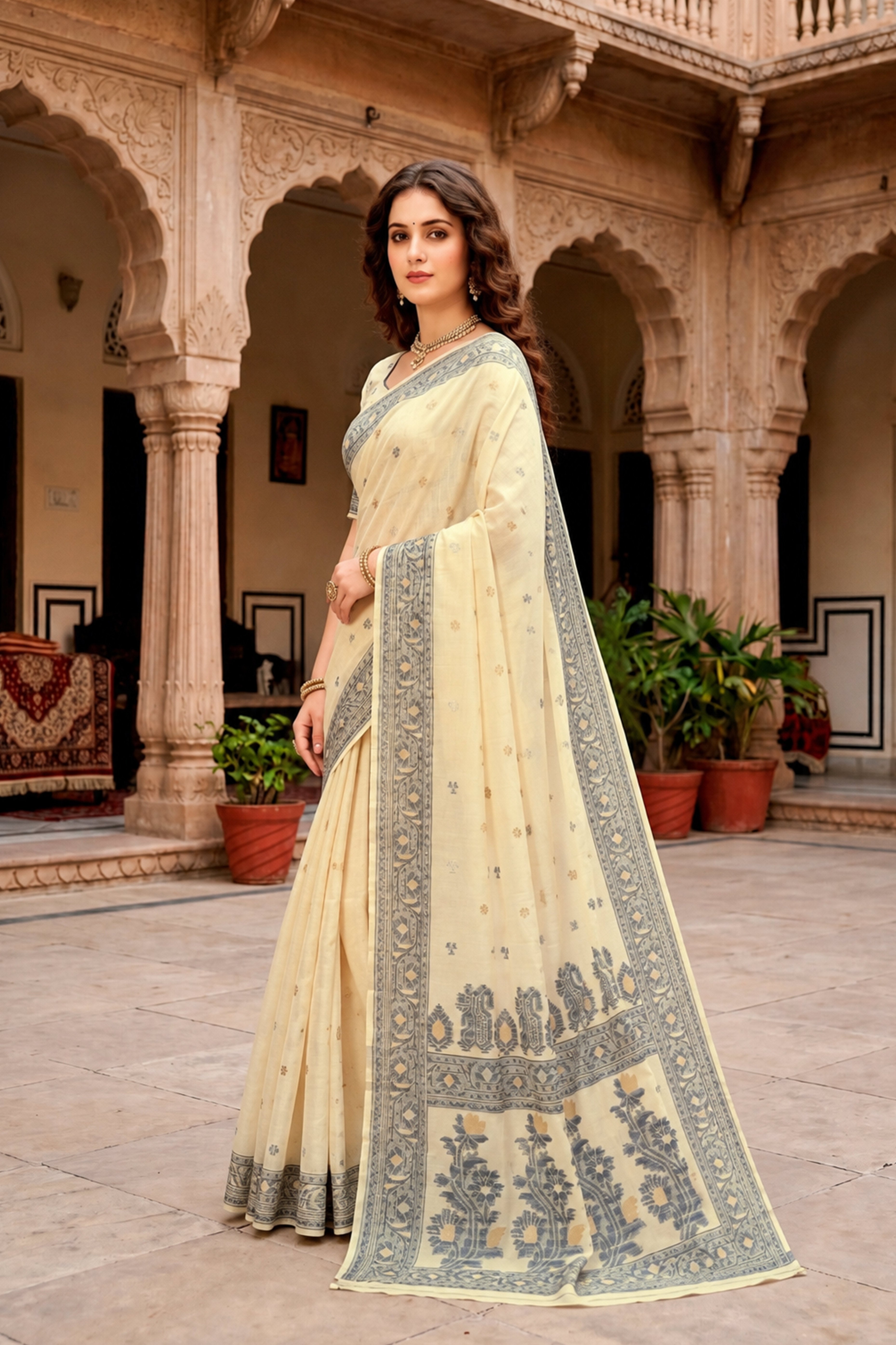Sangam Prints Light Yellow Cotton Blend Woven Work Traditional Saree - Dista