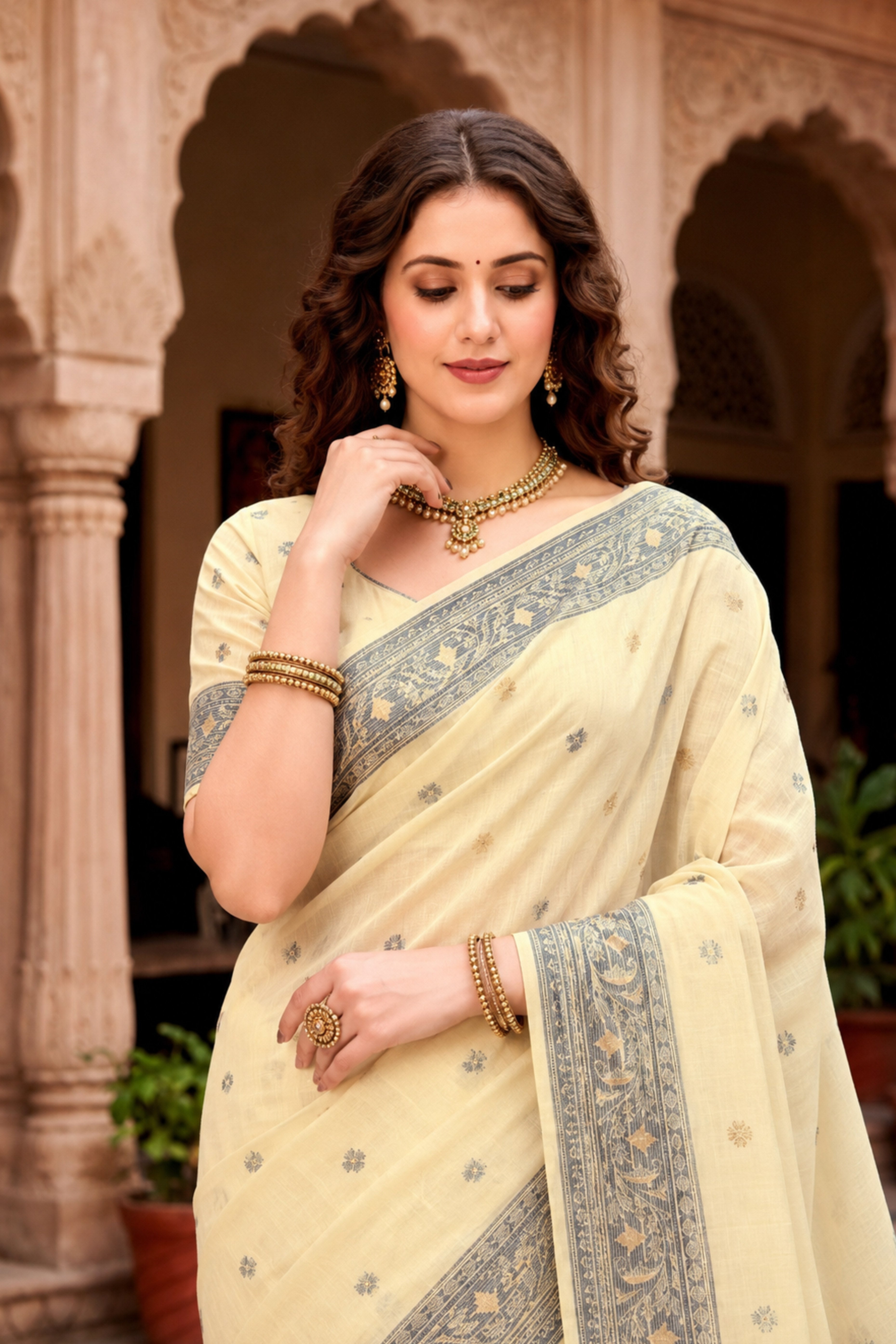Sangam Prints Light Yellow Cotton Blend Woven Work Traditional Saree - Dista