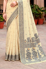 Thumbnail for Sangam Prints Light Yellow Cotton Blend Woven Work Traditional Saree - Dista