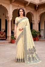 Thumbnail for Sangam Prints Light Yellow Cotton Blend Woven Work Traditional Saree - Dista