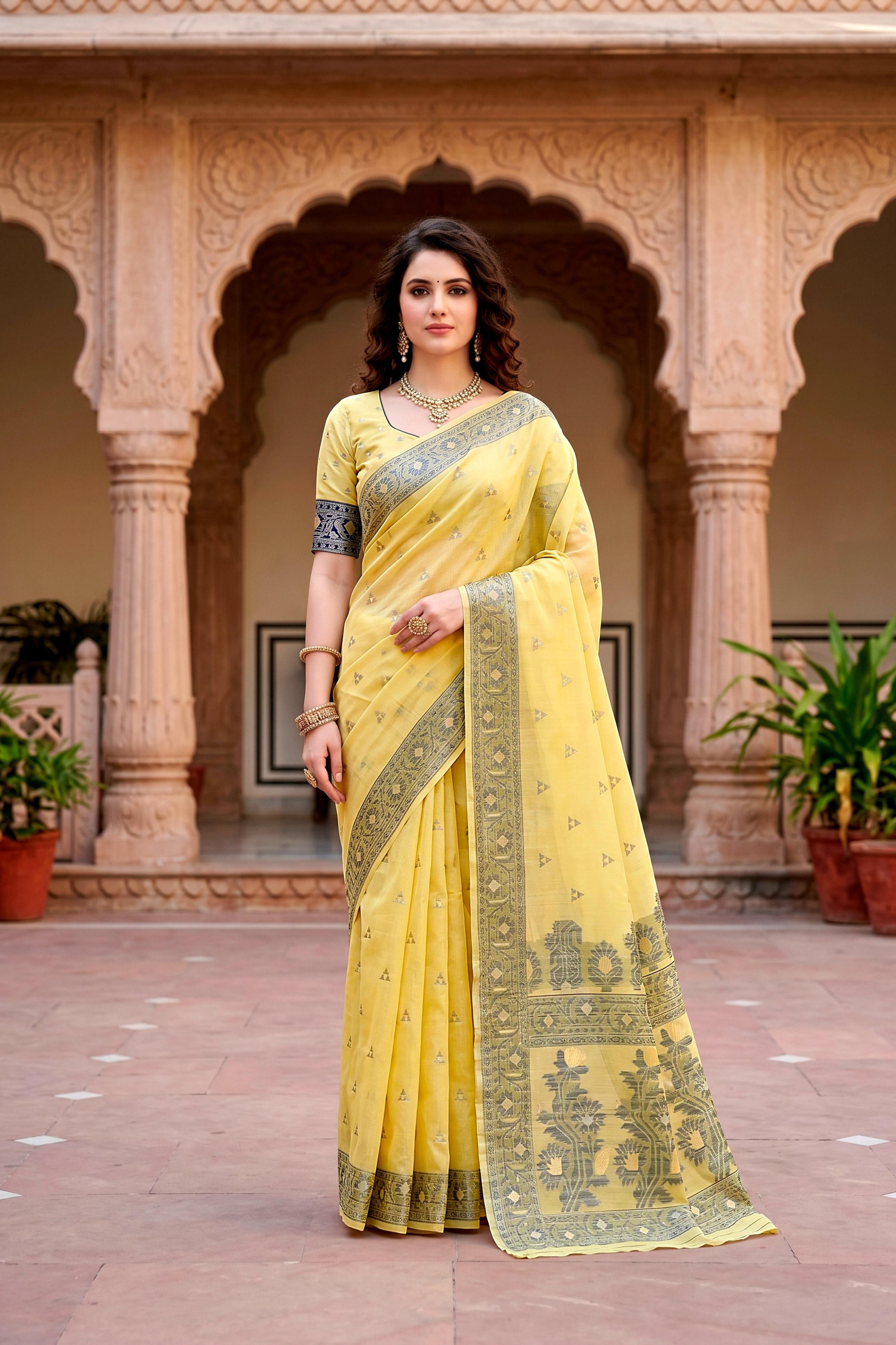 Sangam Prints Yellow Cotton Blend Woven Work Traditional Saree - Dista