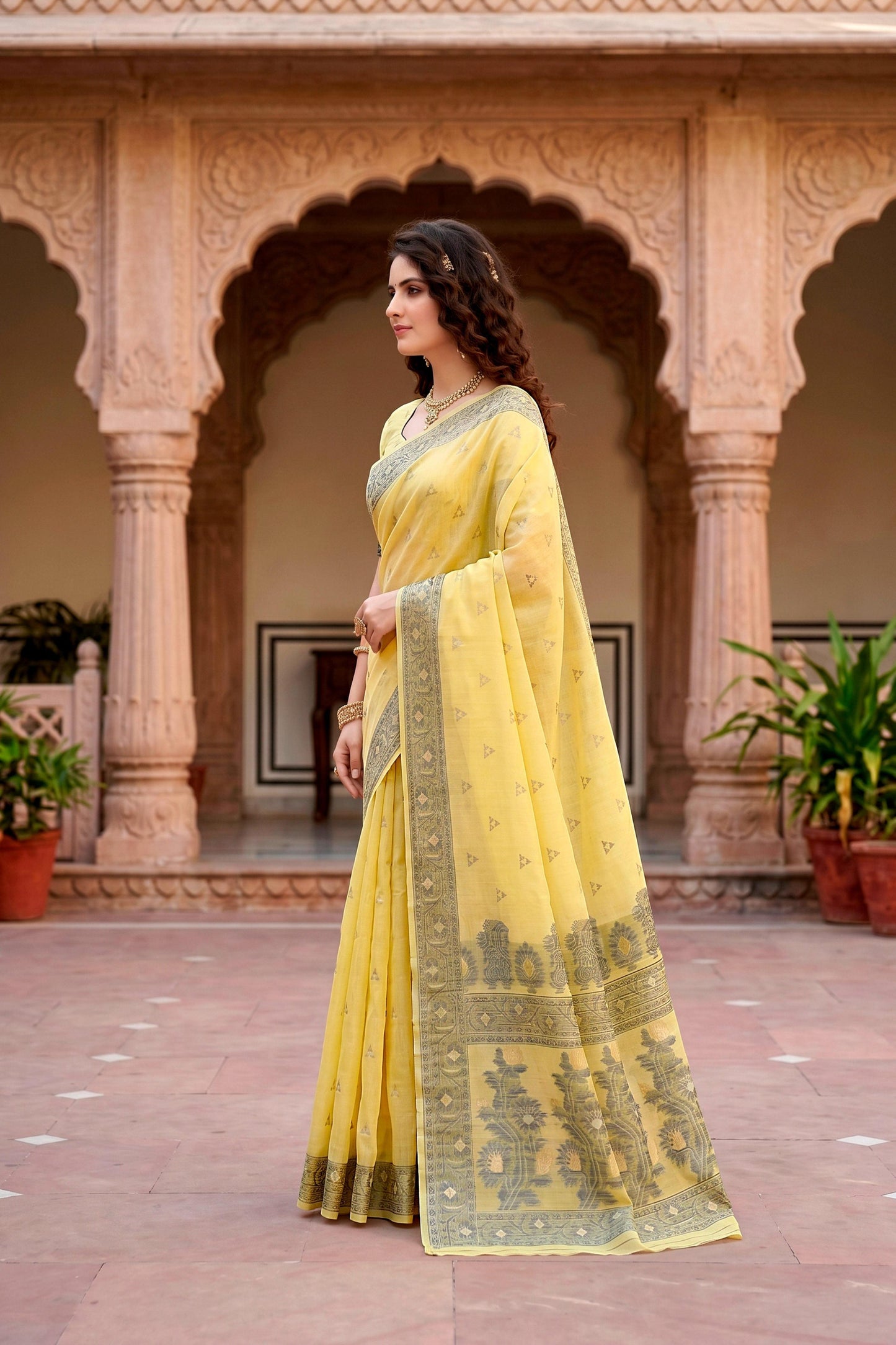 Sangam Prints Yellow Cotton Blend Woven Work Traditional Saree - Dista