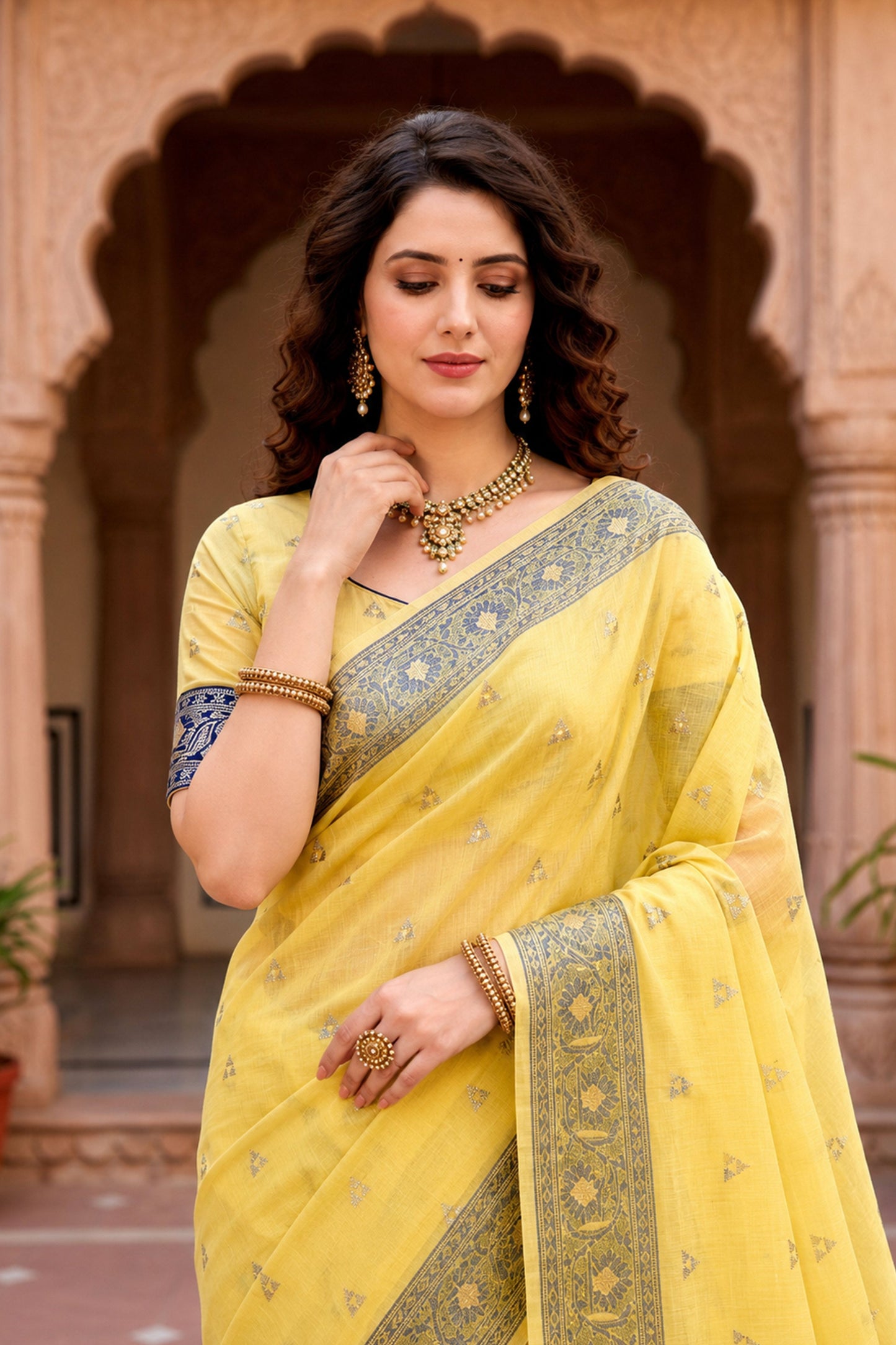 Sangam Prints Yellow Cotton Blend Woven Work Traditional Saree - Dista