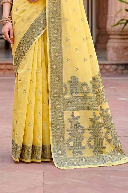 Sangam Prints Yellow Cotton Blend Woven Work Traditional Saree - Dista
