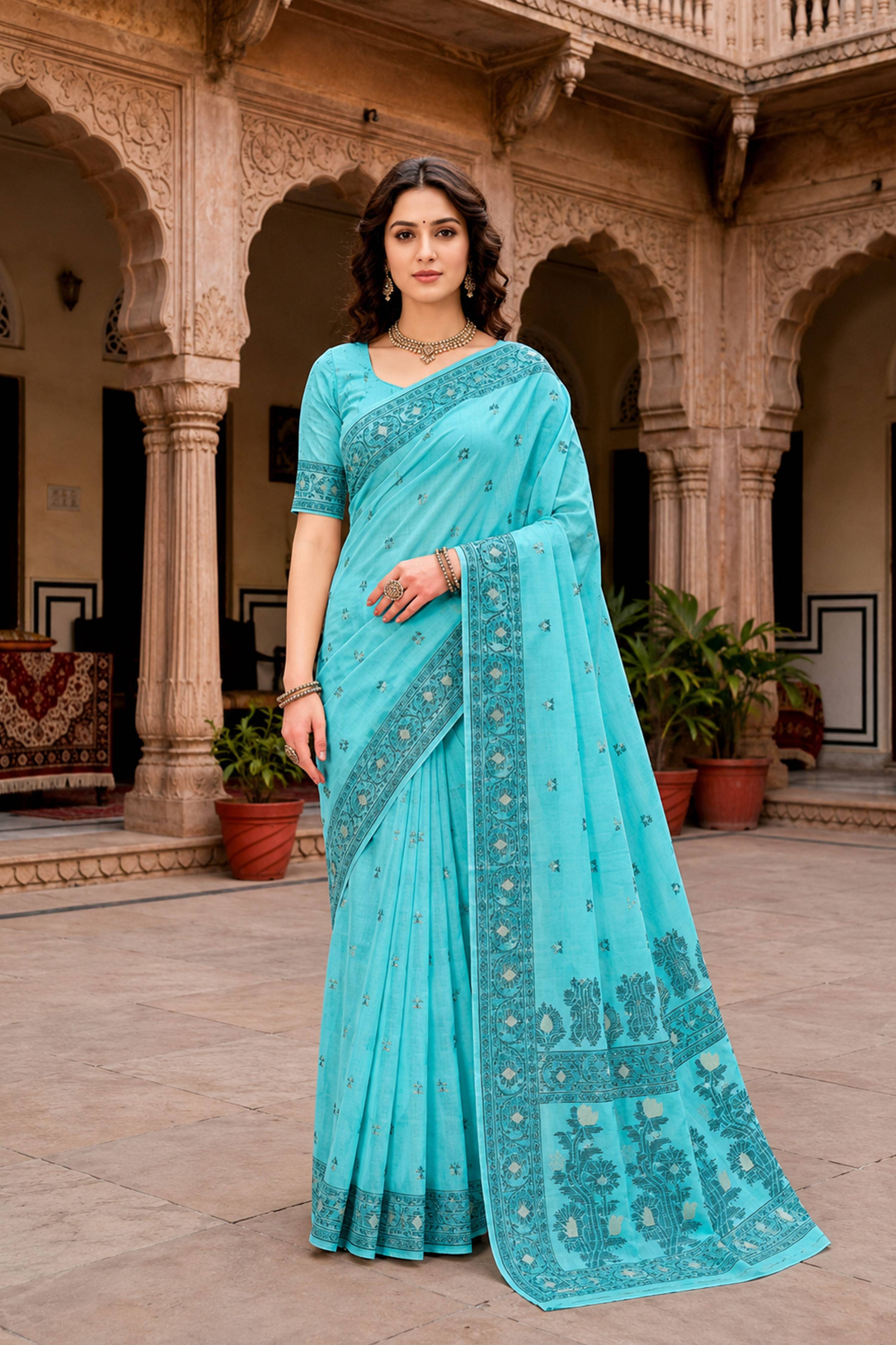 Sangam Prints Teal Blue Cotton Blend Woven Work Traditional Saree - Dista