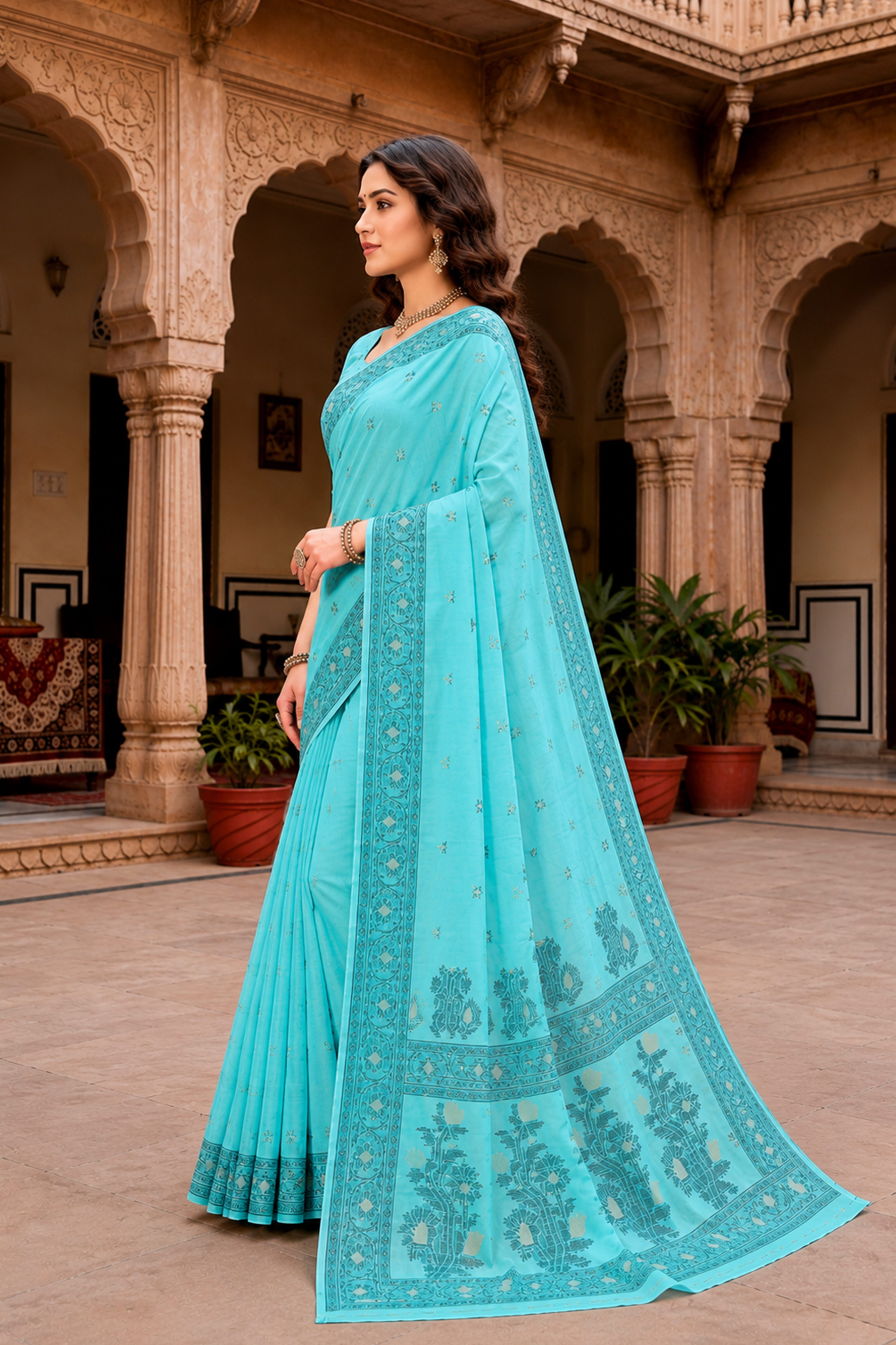 Sangam Prints Teal Blue Cotton Blend Woven Work Traditional Saree - Dista