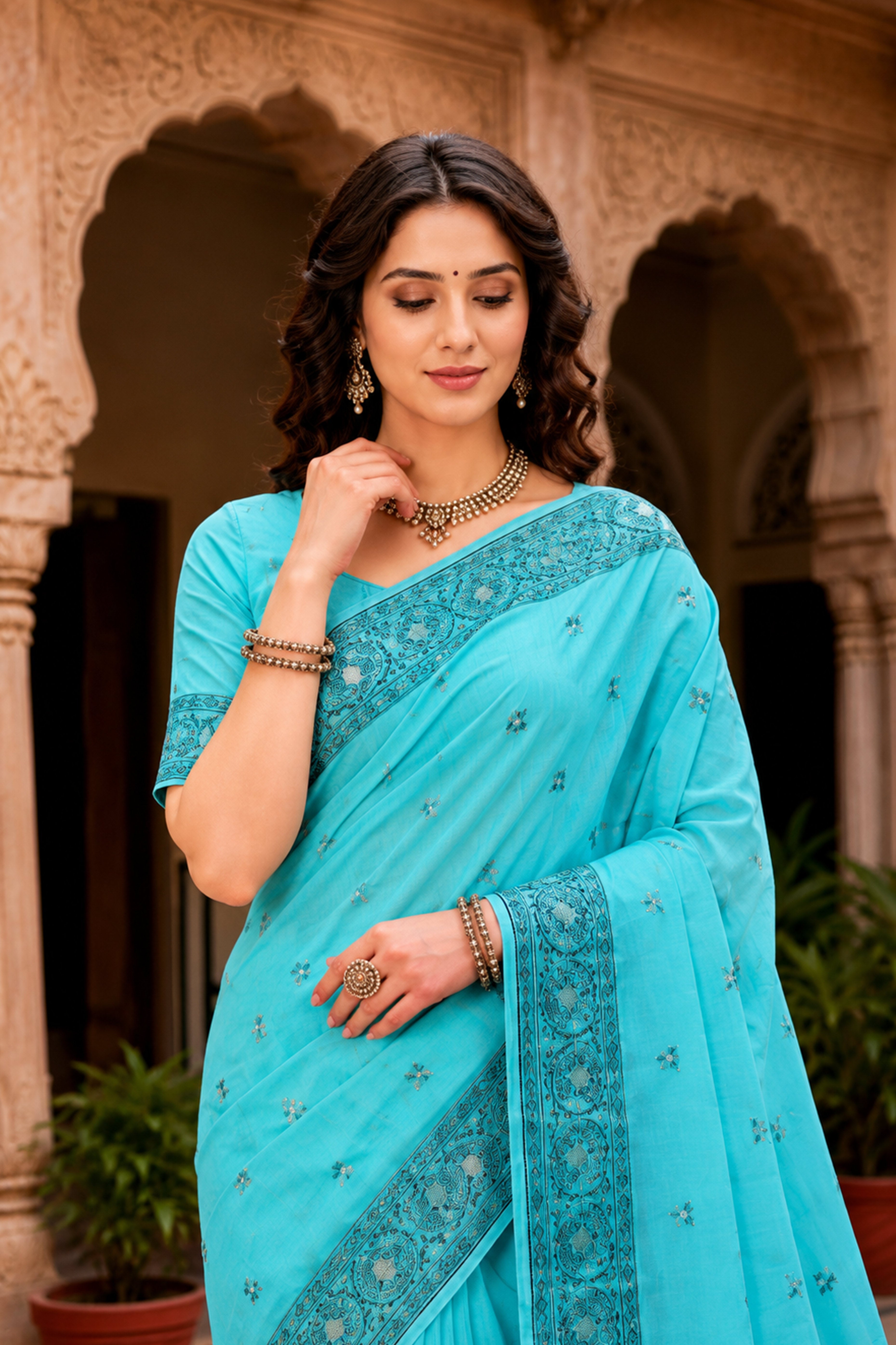 Sangam Prints Teal Blue Cotton Blend Woven Work Traditional Saree - Dista