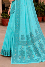 Thumbnail for Sangam Prints Teal Blue Cotton Blend Woven Work Traditional Saree - Dista