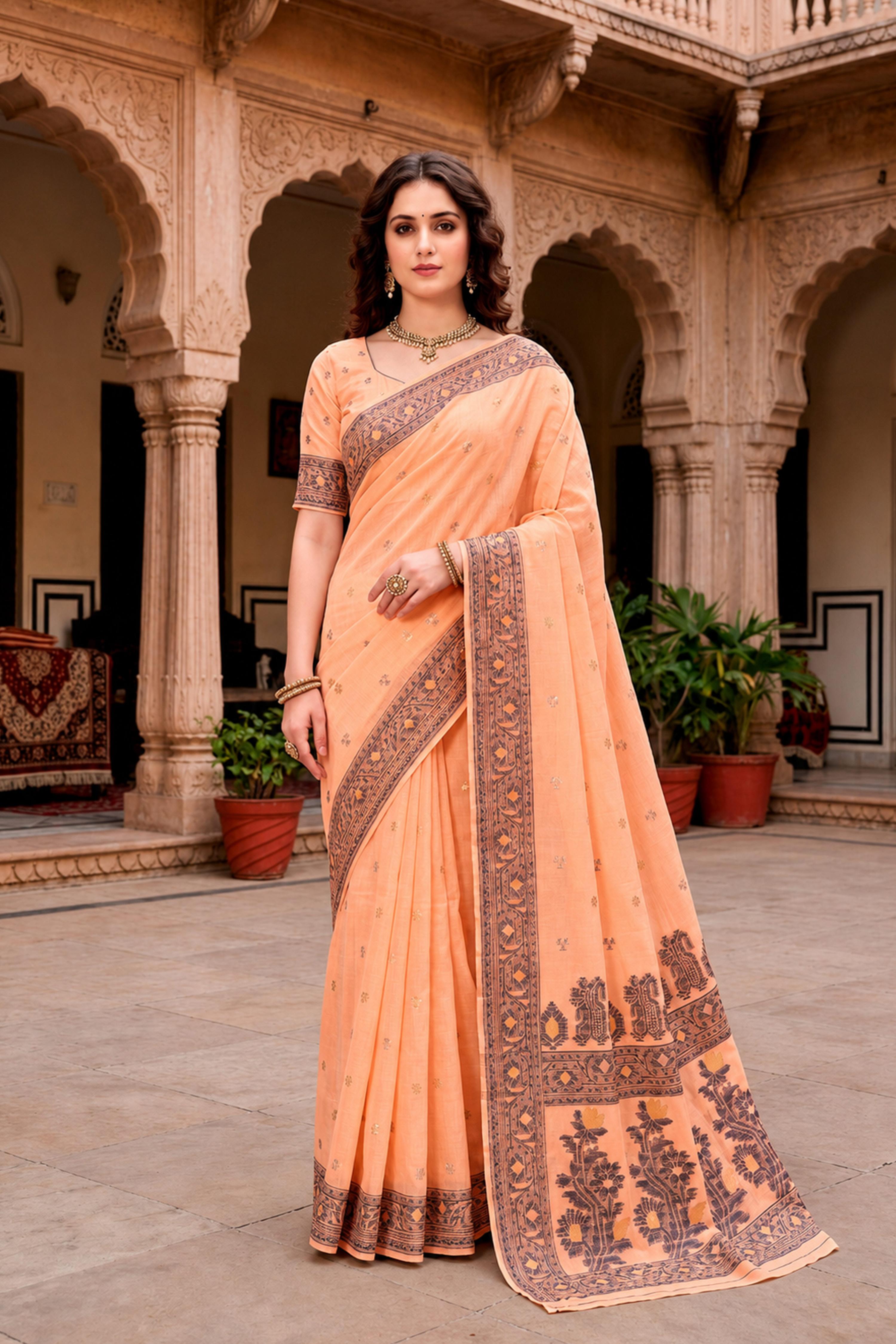 Sangam Prints Peach Cotton Blend Woven Work Traditional Saree - Dista