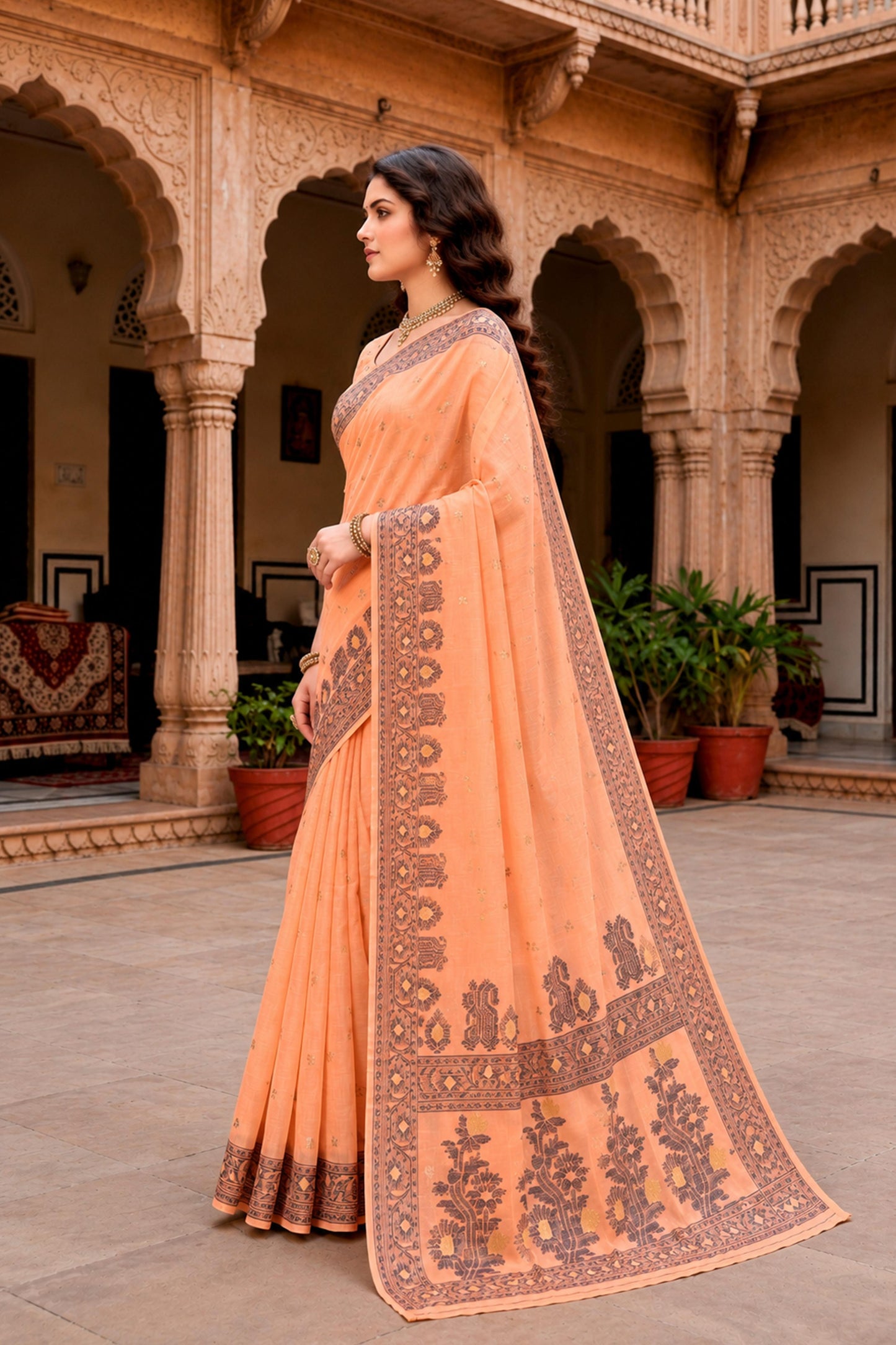 Sangam Prints Peach Cotton Blend Woven Work Traditional Saree - Dista