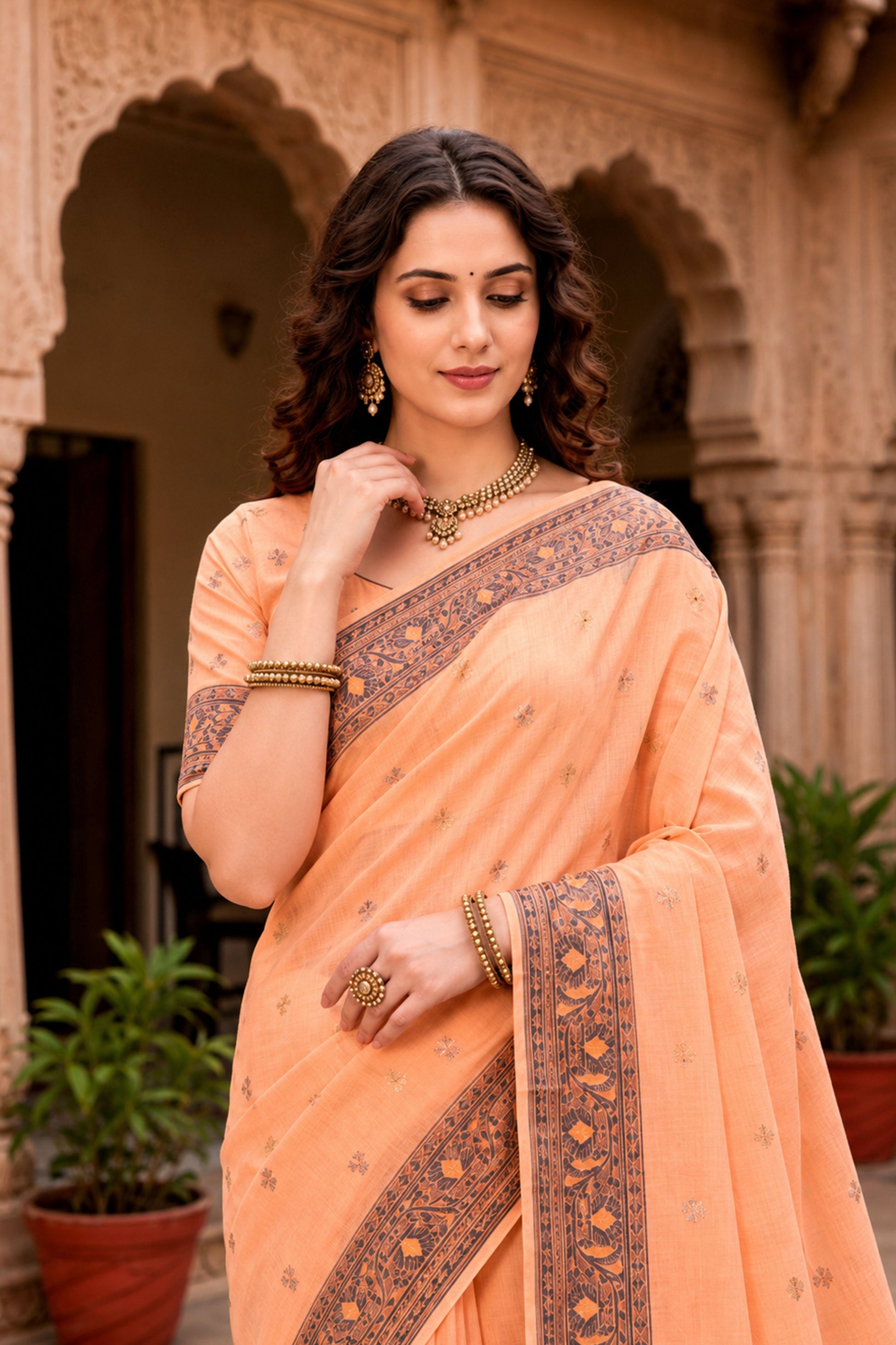 Sangam Prints Peach Cotton Blend Woven Work Traditional Saree - Dista