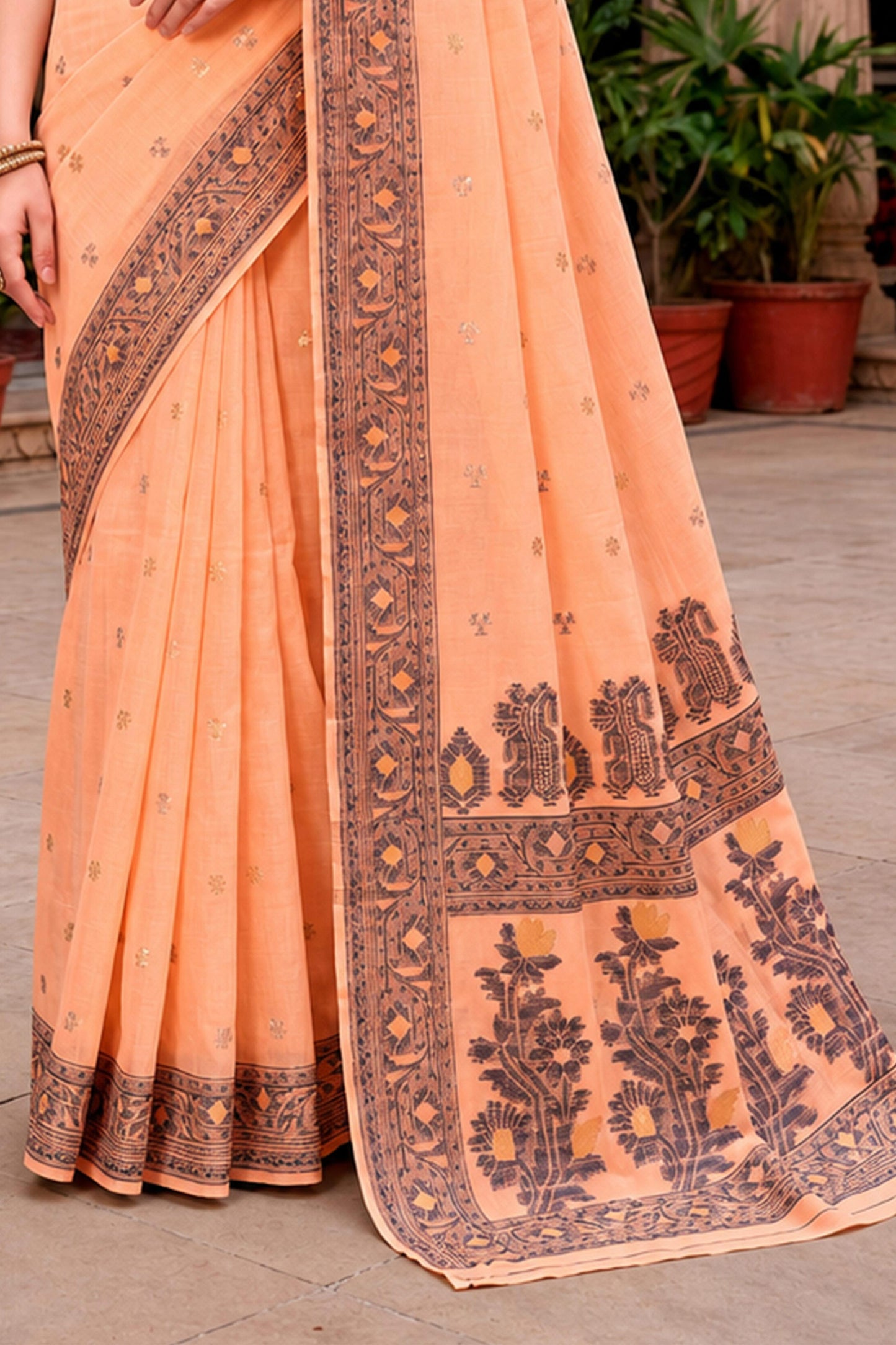 Sangam Prints Peach Cotton Blend Woven Work Traditional Saree - Dista
