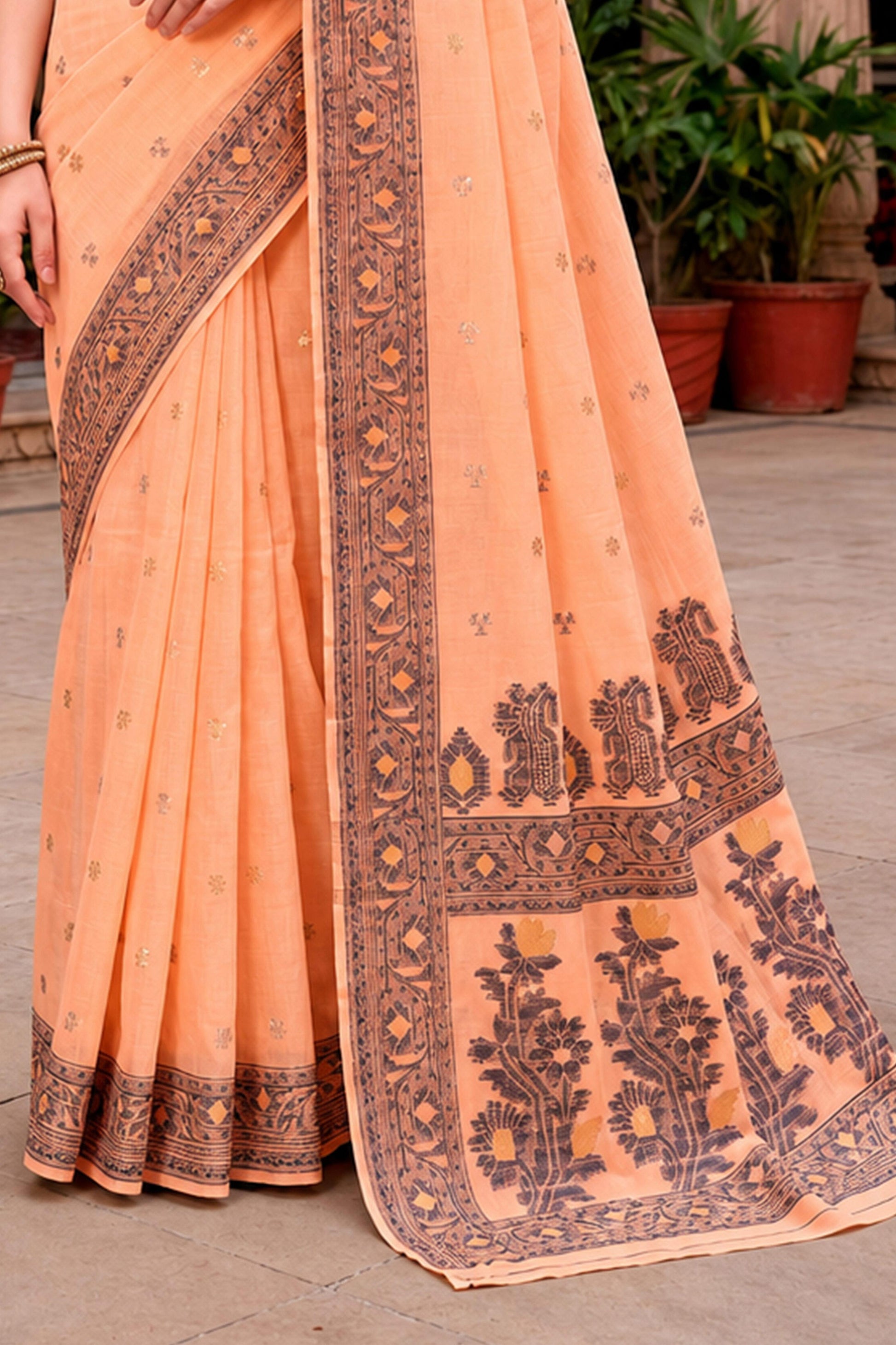 Sangam Prints Peach Cotton Blend Woven Work Traditional Saree - Dista