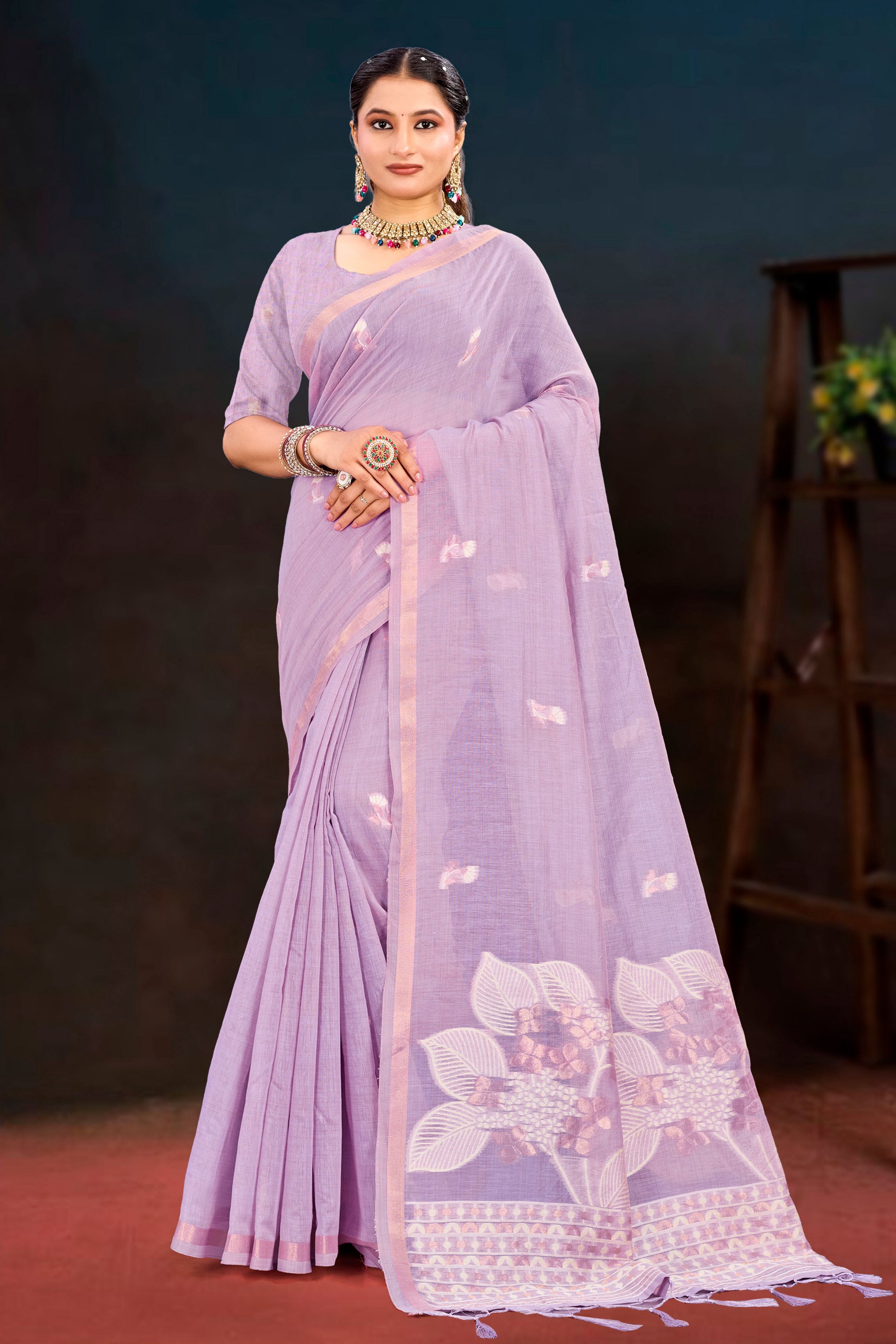 Sangam Prints Lavender Cotton Blend Woven Work Traditional Saree - Dista