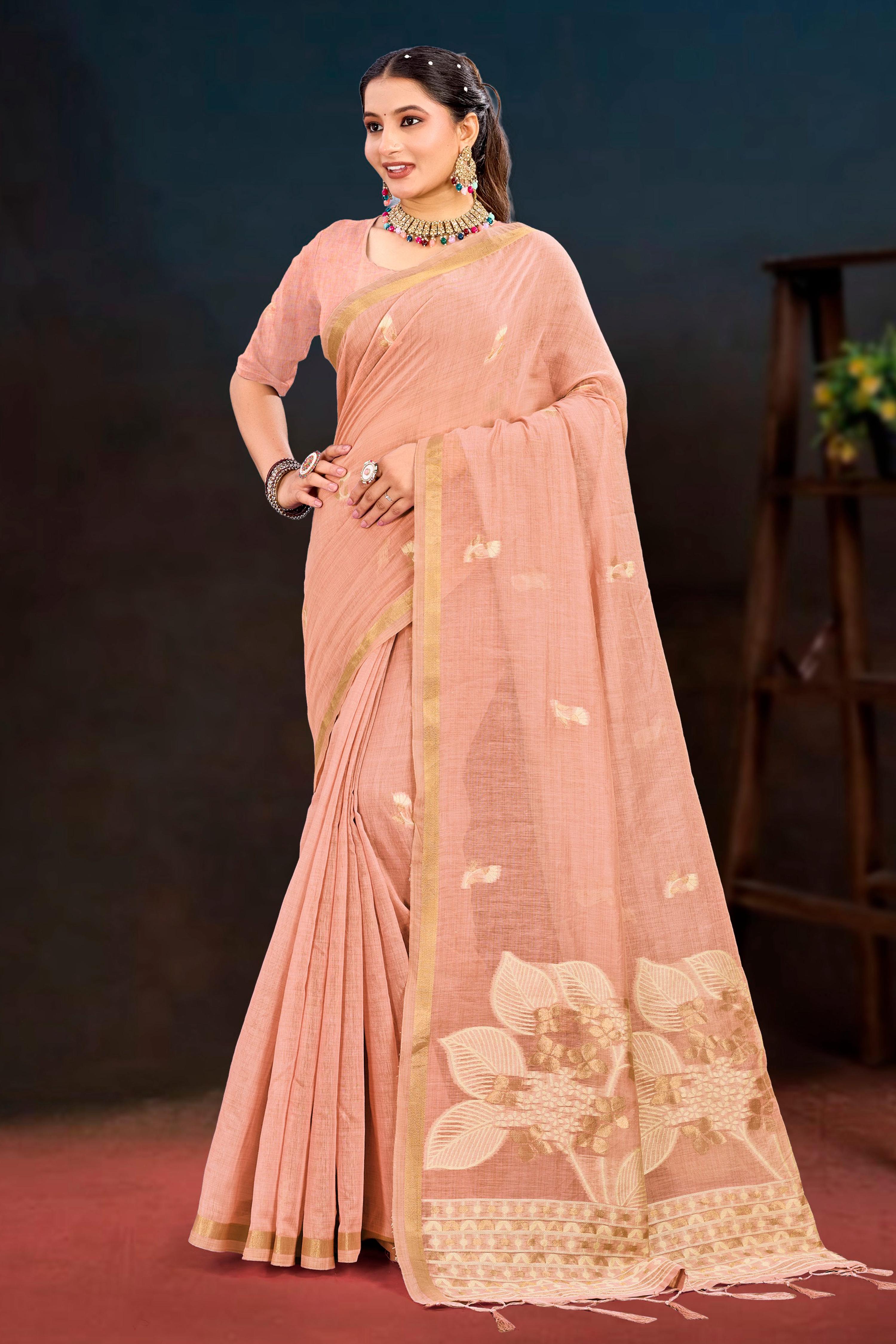 Sangam Prints Peach Cotton Blend Woven Work Traditional Saree - Dista