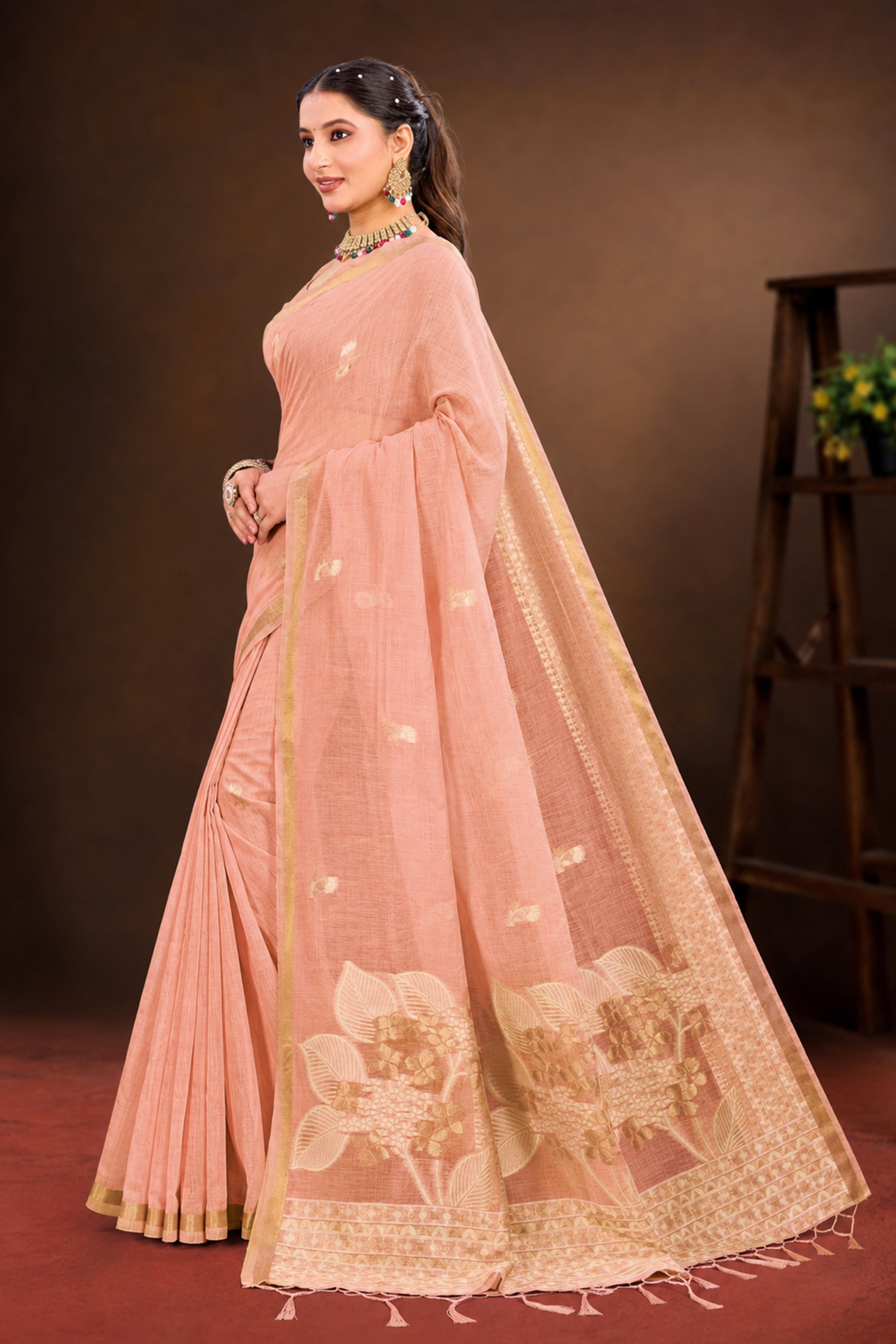 Sangam Prints Peach Cotton Blend Woven Work Traditional Saree - Dista