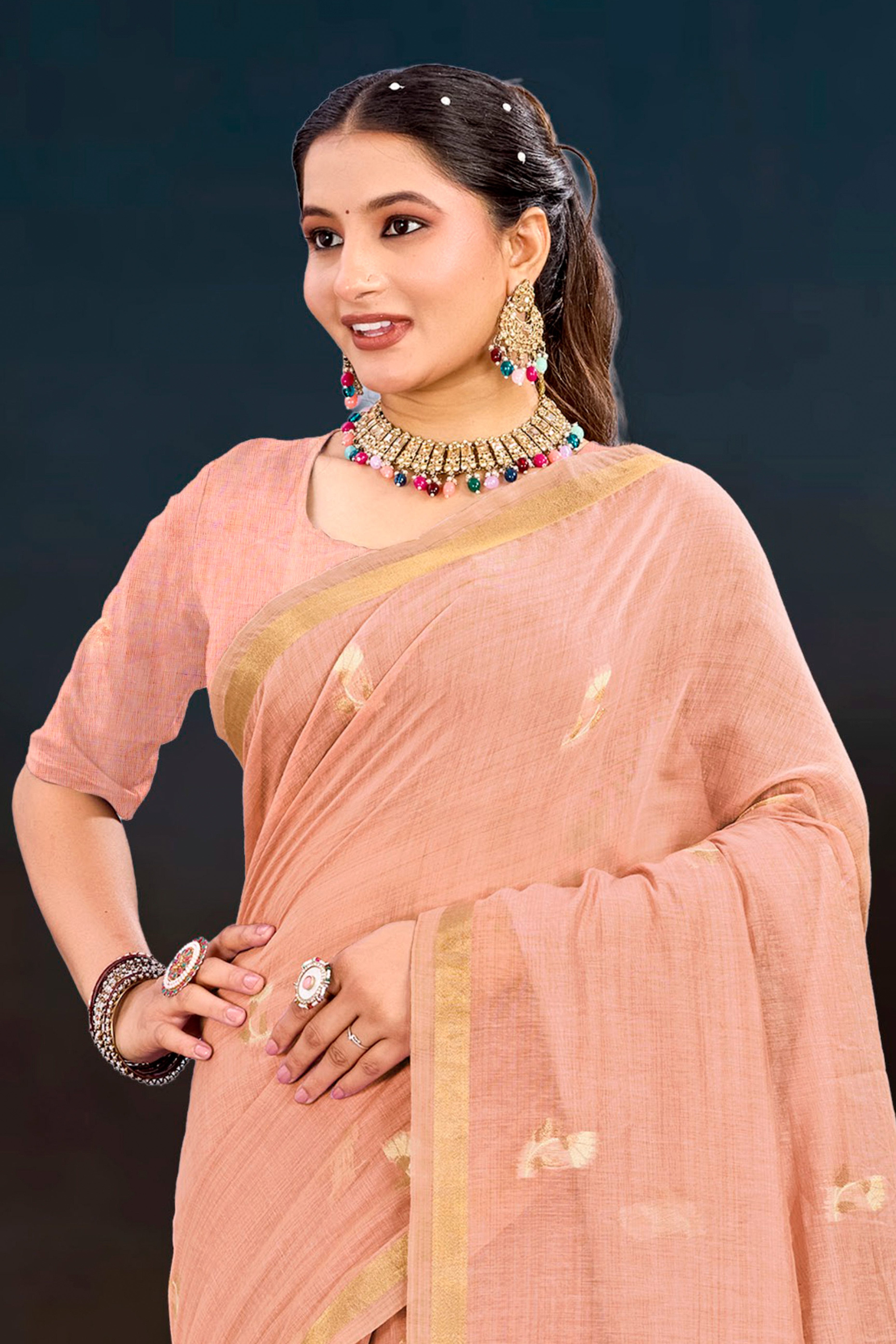 Sangam Prints Peach Cotton Blend Woven Work Traditional Saree - Dista