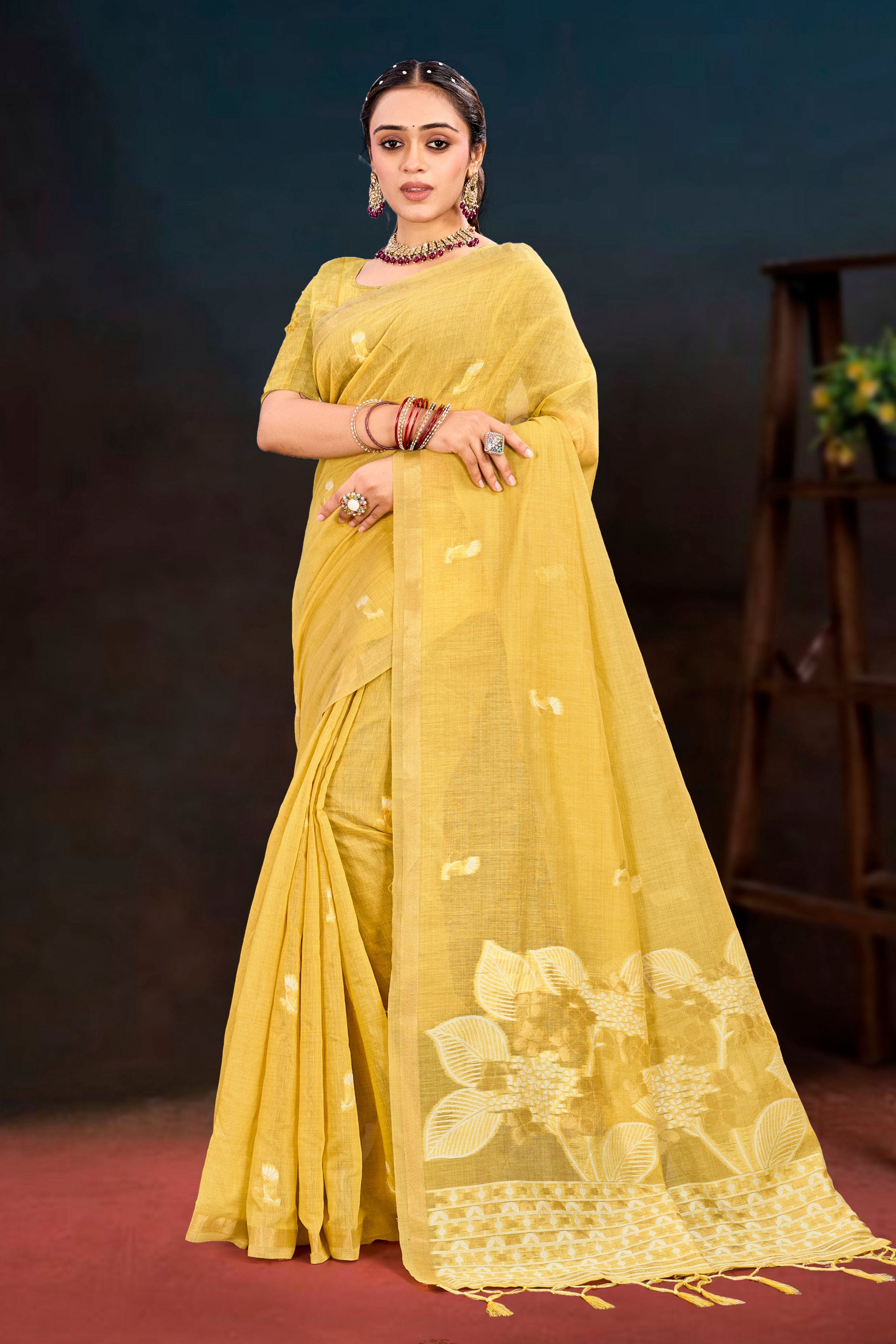 Sangam Prints Yellow Cotton Blend Woven Work Traditional Saree - Dista
