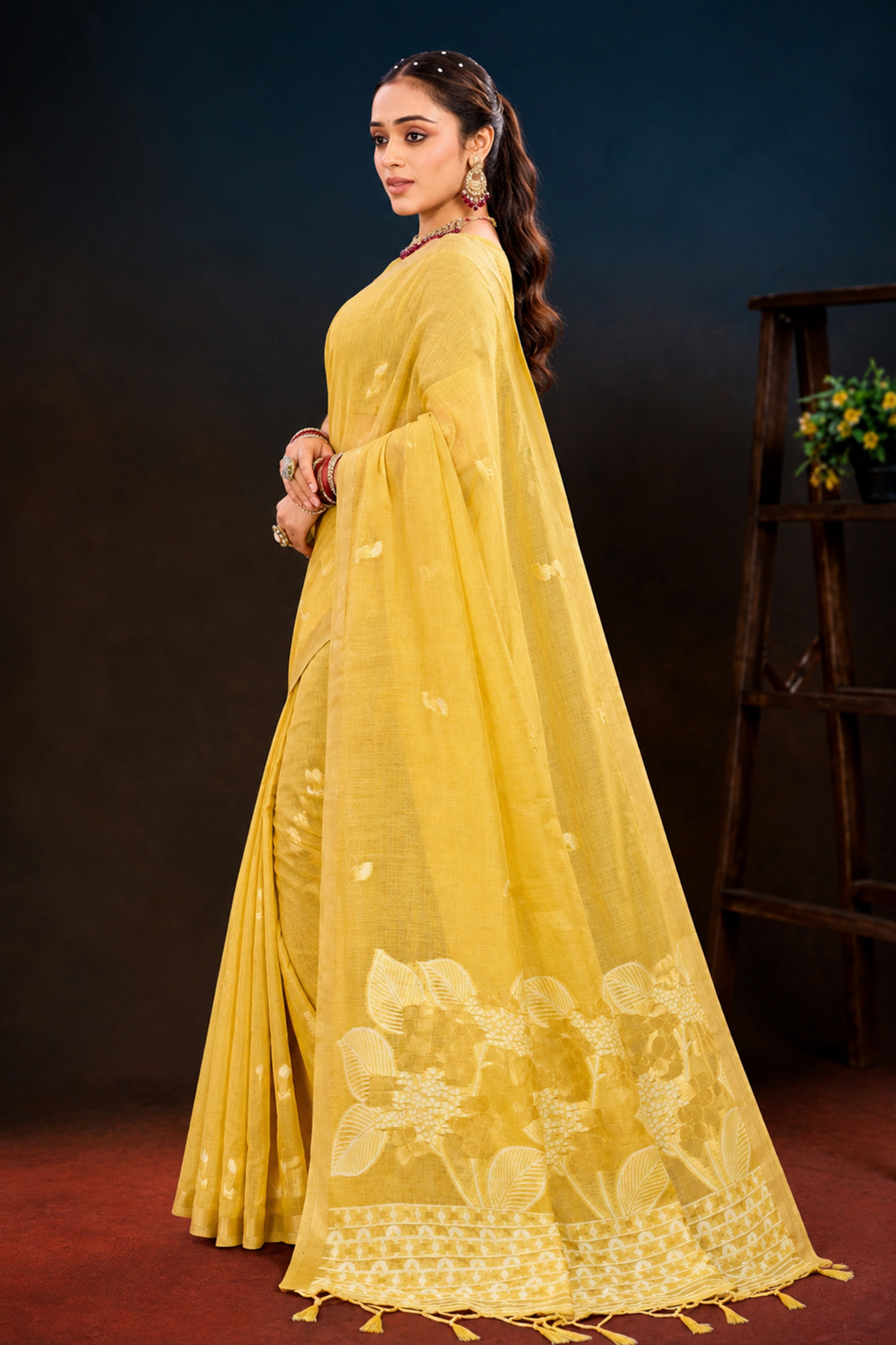 Sangam Prints Yellow Cotton Blend Woven Work Traditional Saree - Dista