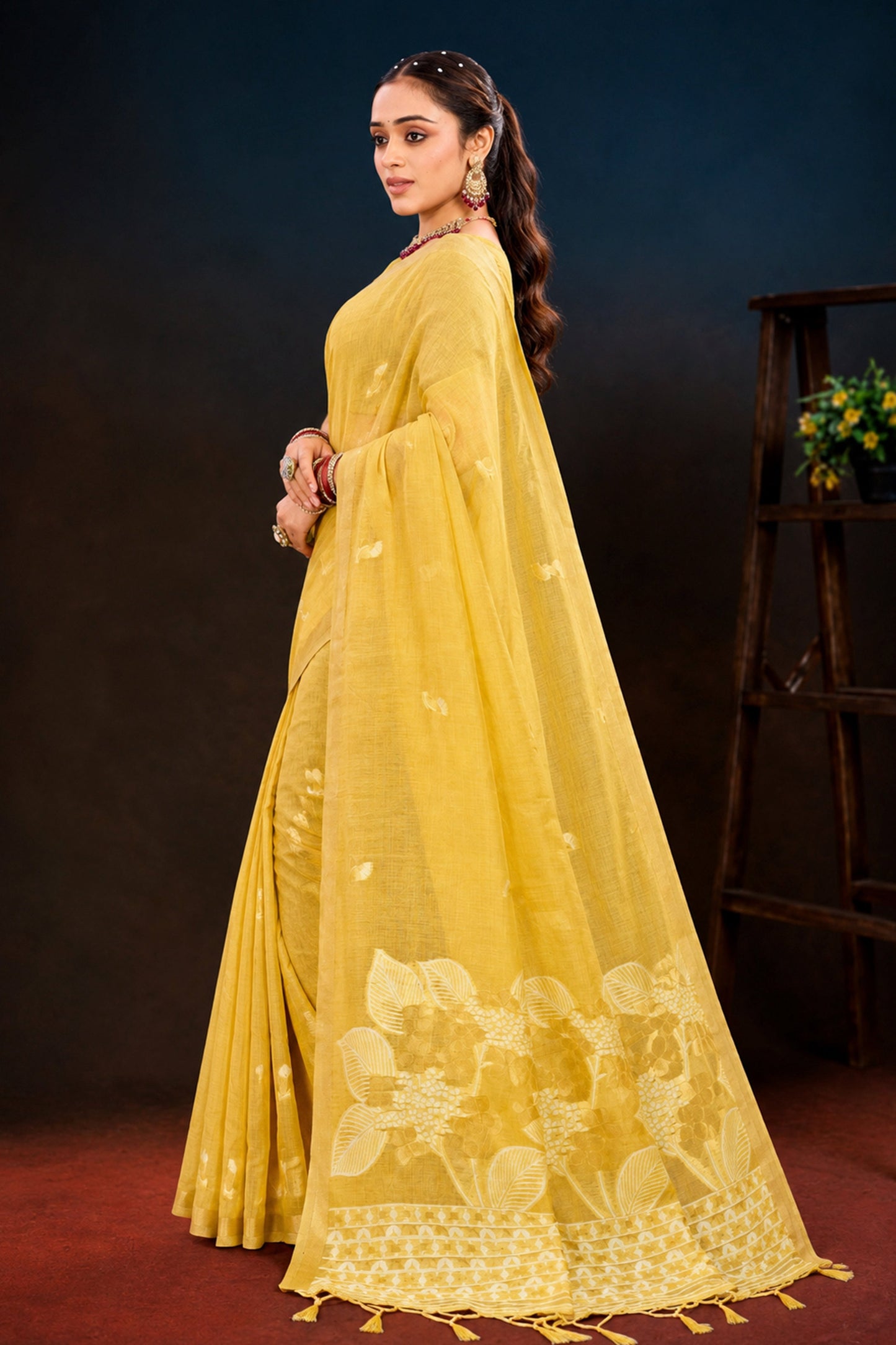 Sangam Prints Yellow Cotton Blend Woven Work Traditional Saree - Dista