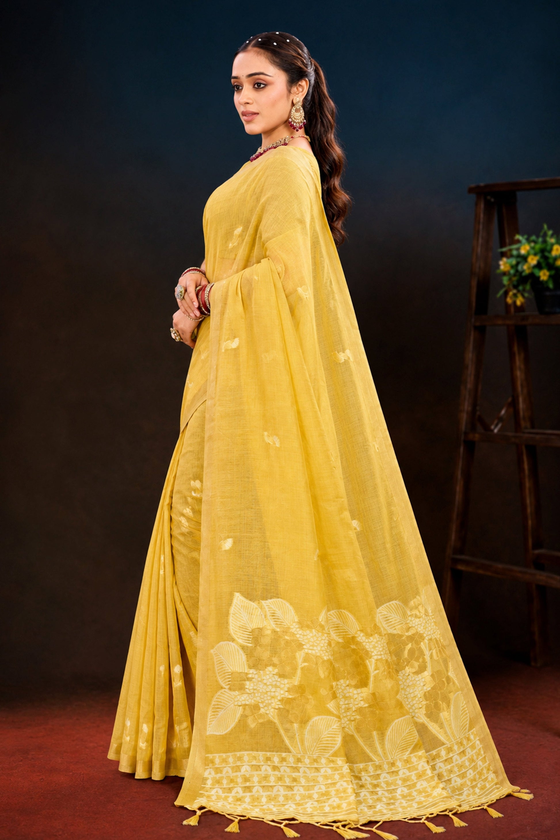Sangam Prints Yellow Cotton Blend Woven Work Traditional Saree - Dista