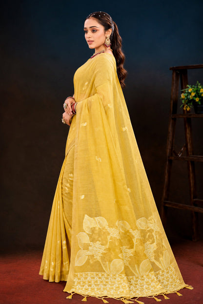 Sangam Prints Yellow Cotton Blend Woven Work Traditional Saree - Dista