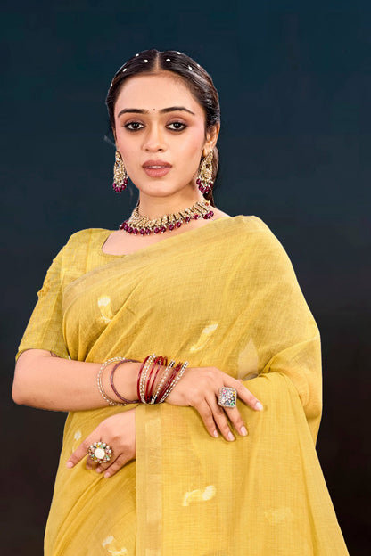 Sangam Prints Yellow Cotton Blend Woven Work Traditional Saree - Dista