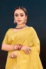 Thumbnail for Sangam Prints Yellow Cotton Blend Woven Work Traditional Saree - Dista