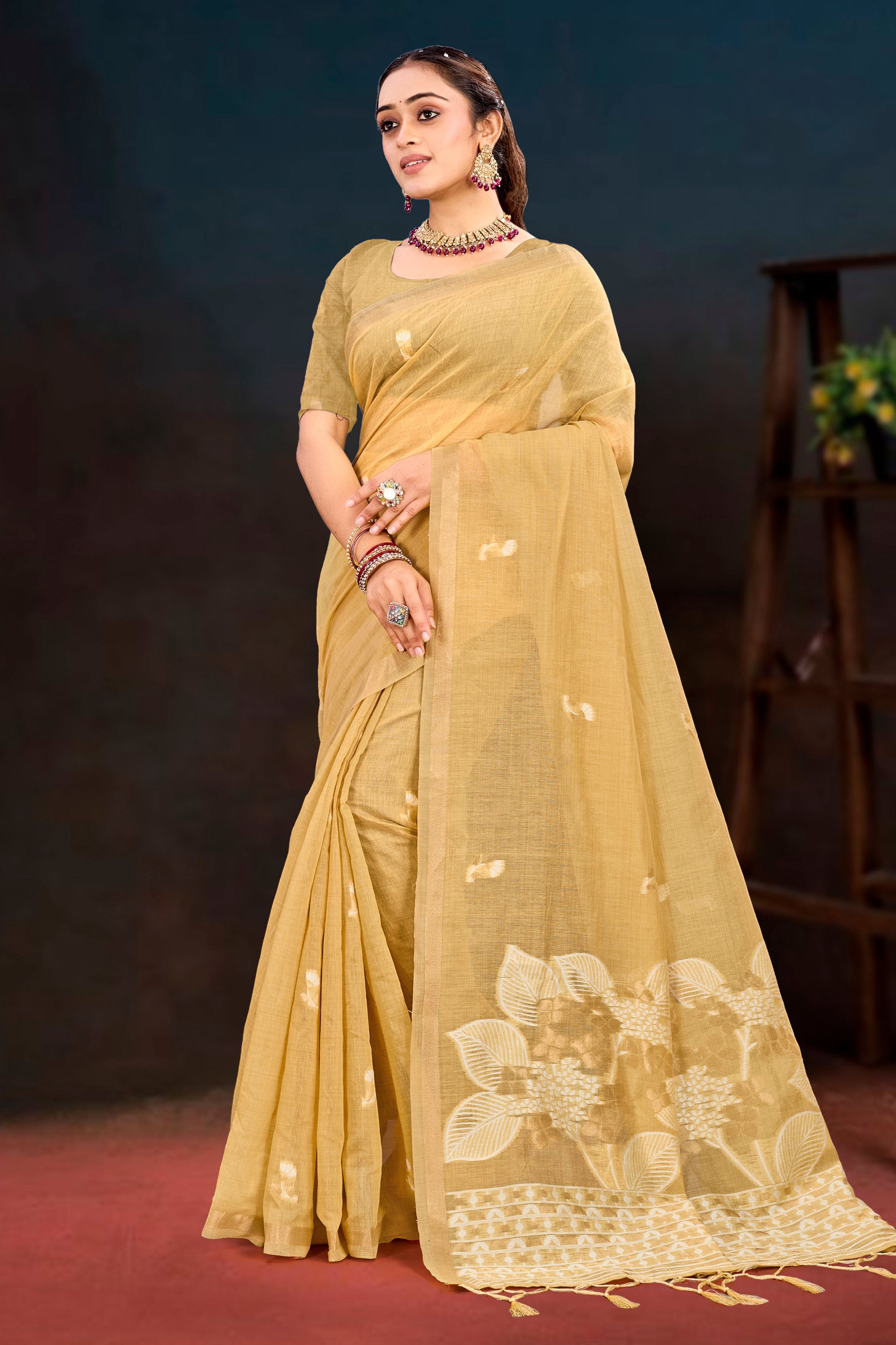 Sangam Prints Beige Gold Cotton Blend Woven Work Traditional Saree - Dista