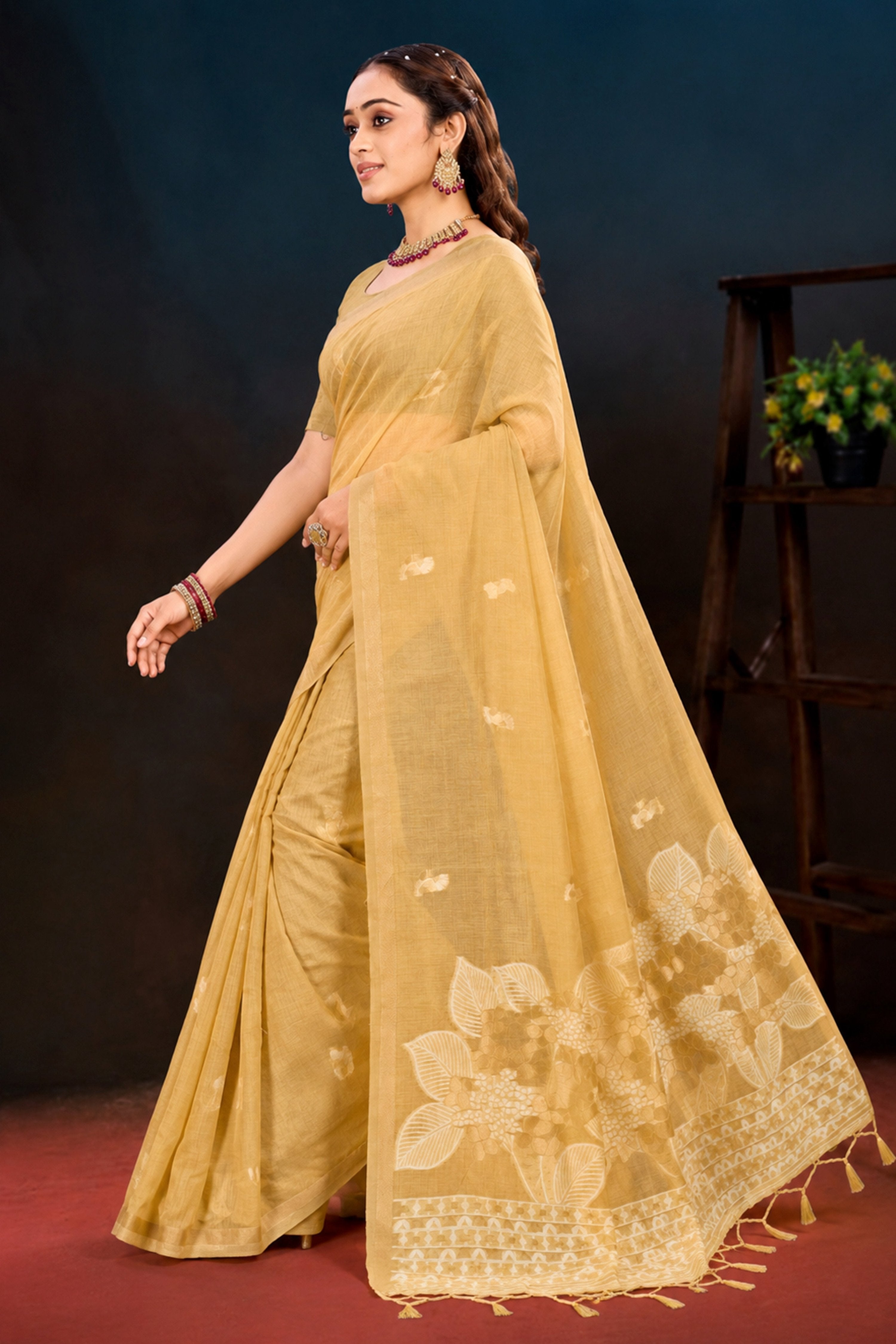 Sangam Prints Beige Gold Cotton Blend Woven Work Traditional Saree - Dista