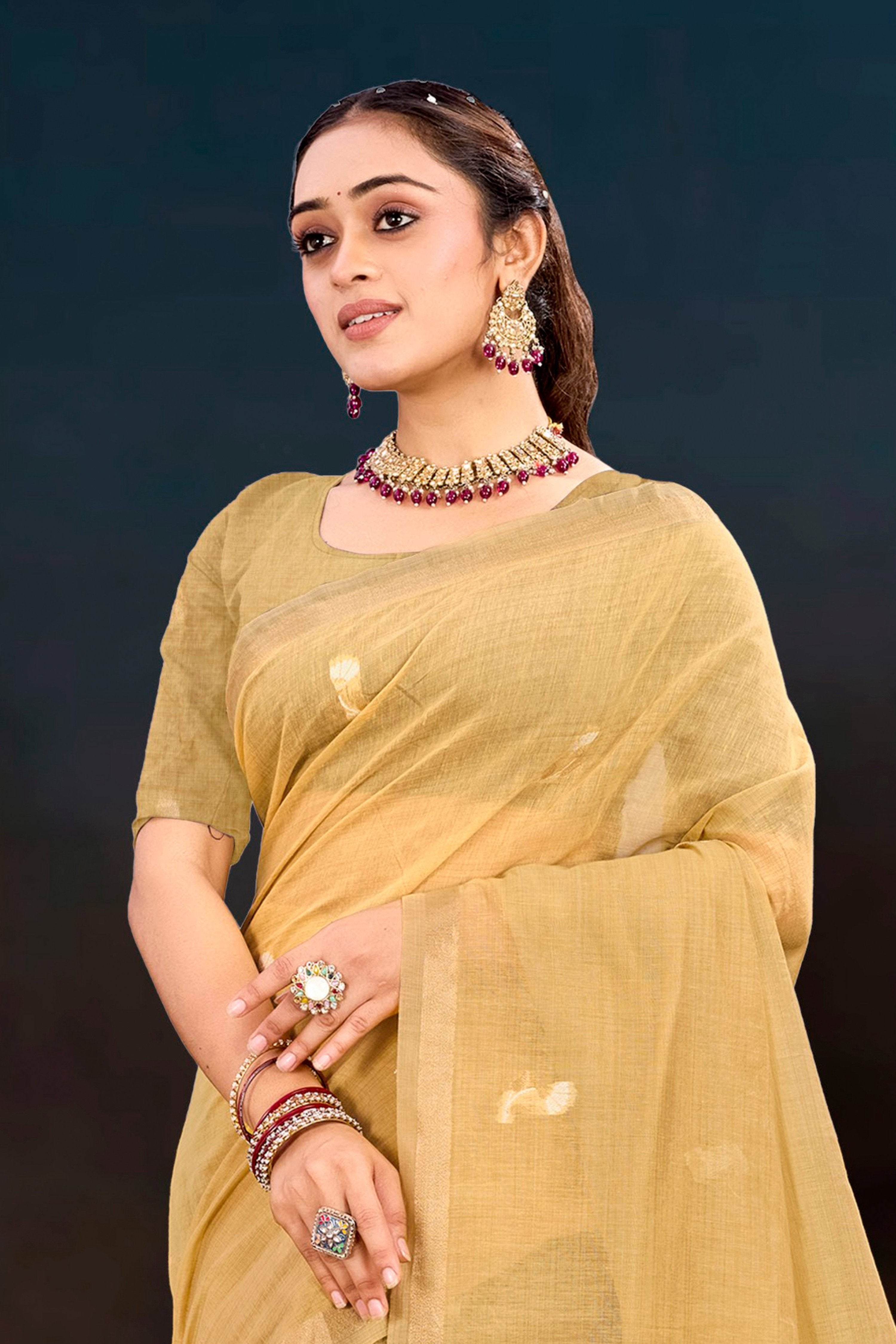 Sangam Prints Beige Gold Cotton Blend Woven Work Traditional Saree - Dista
