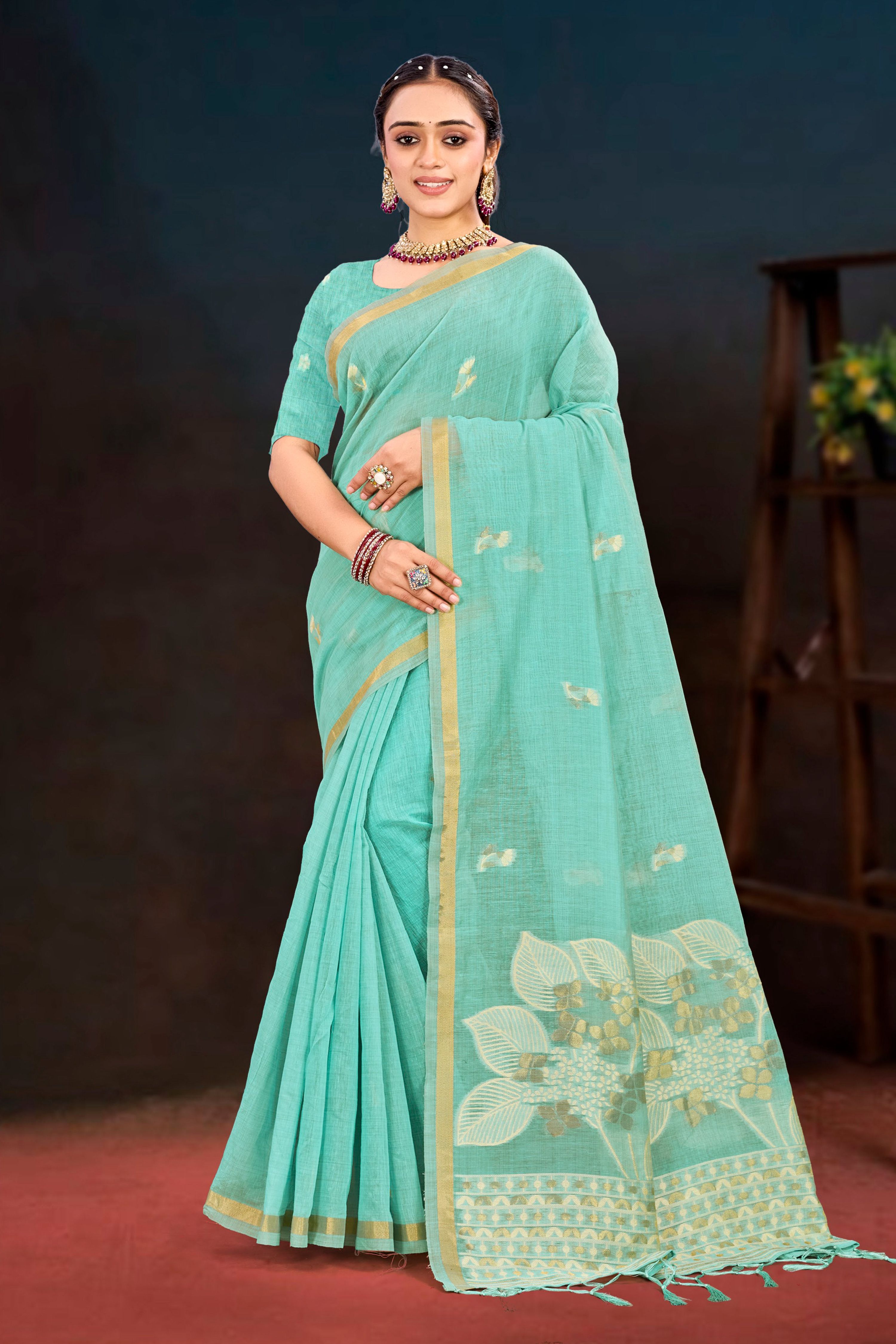 Sangam Prints Aqua Green Cotton Blend Woven Work Traditional Saree - Dista