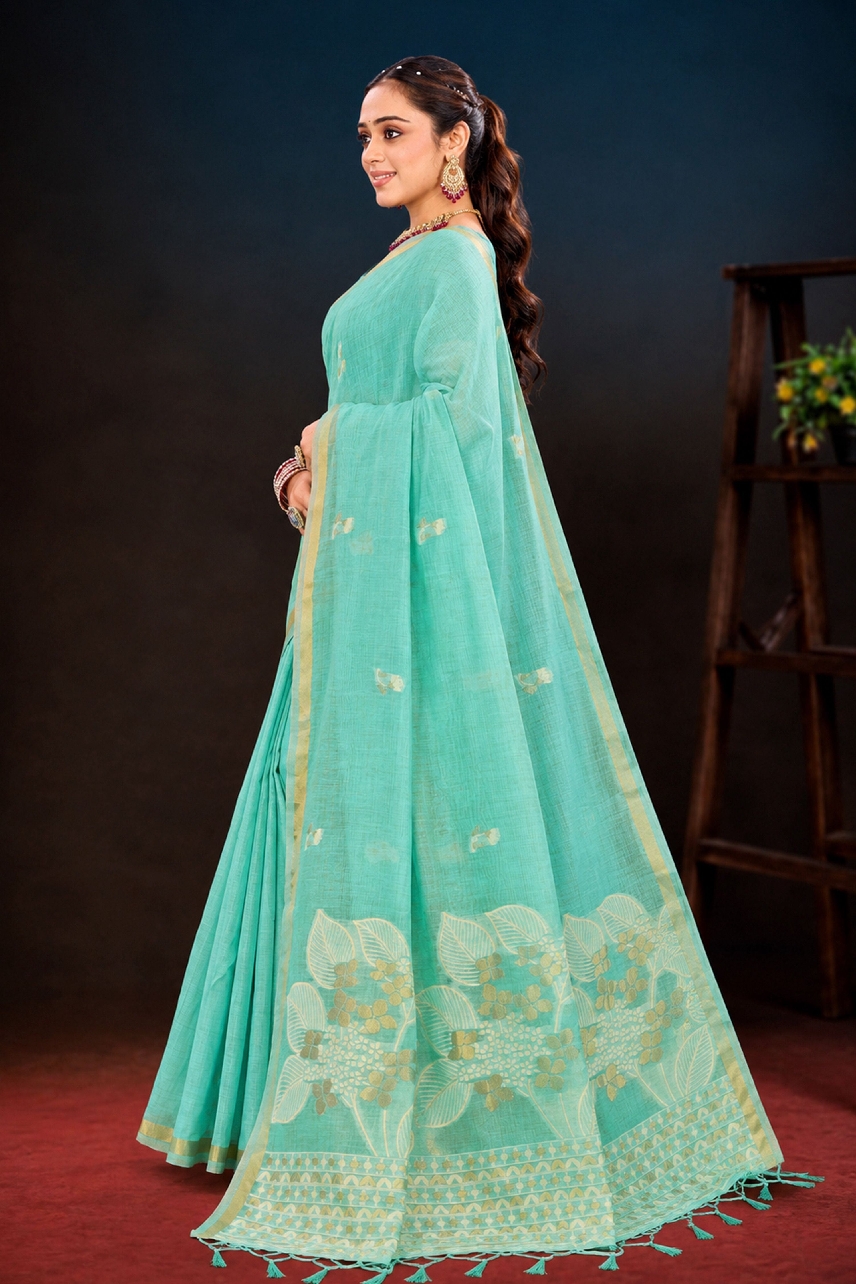 Sangam Prints Aqua Green Cotton Blend Woven Work Traditional Saree - Dista