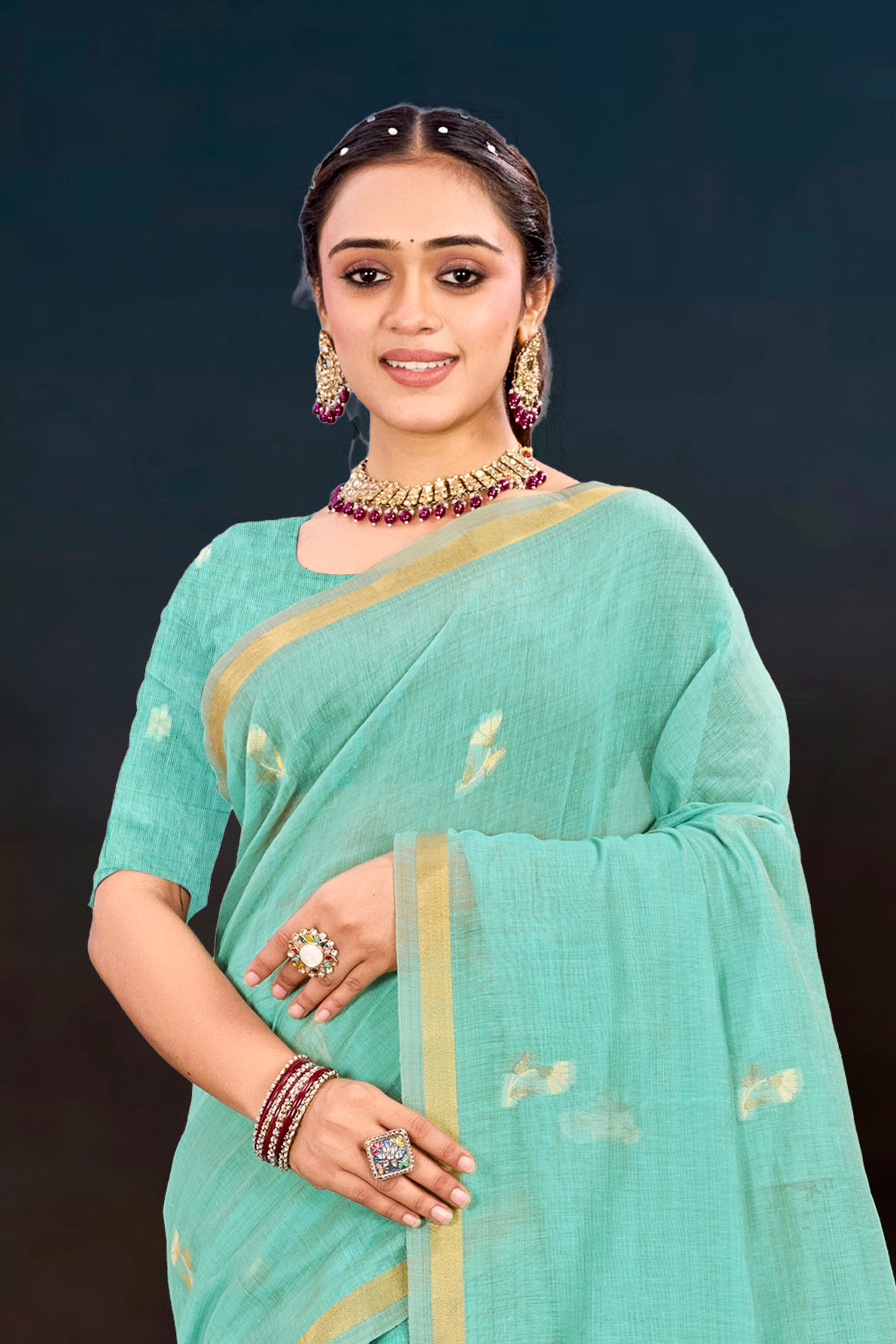 Sangam Prints Aqua Green Cotton Blend Woven Work Traditional Saree - Dista