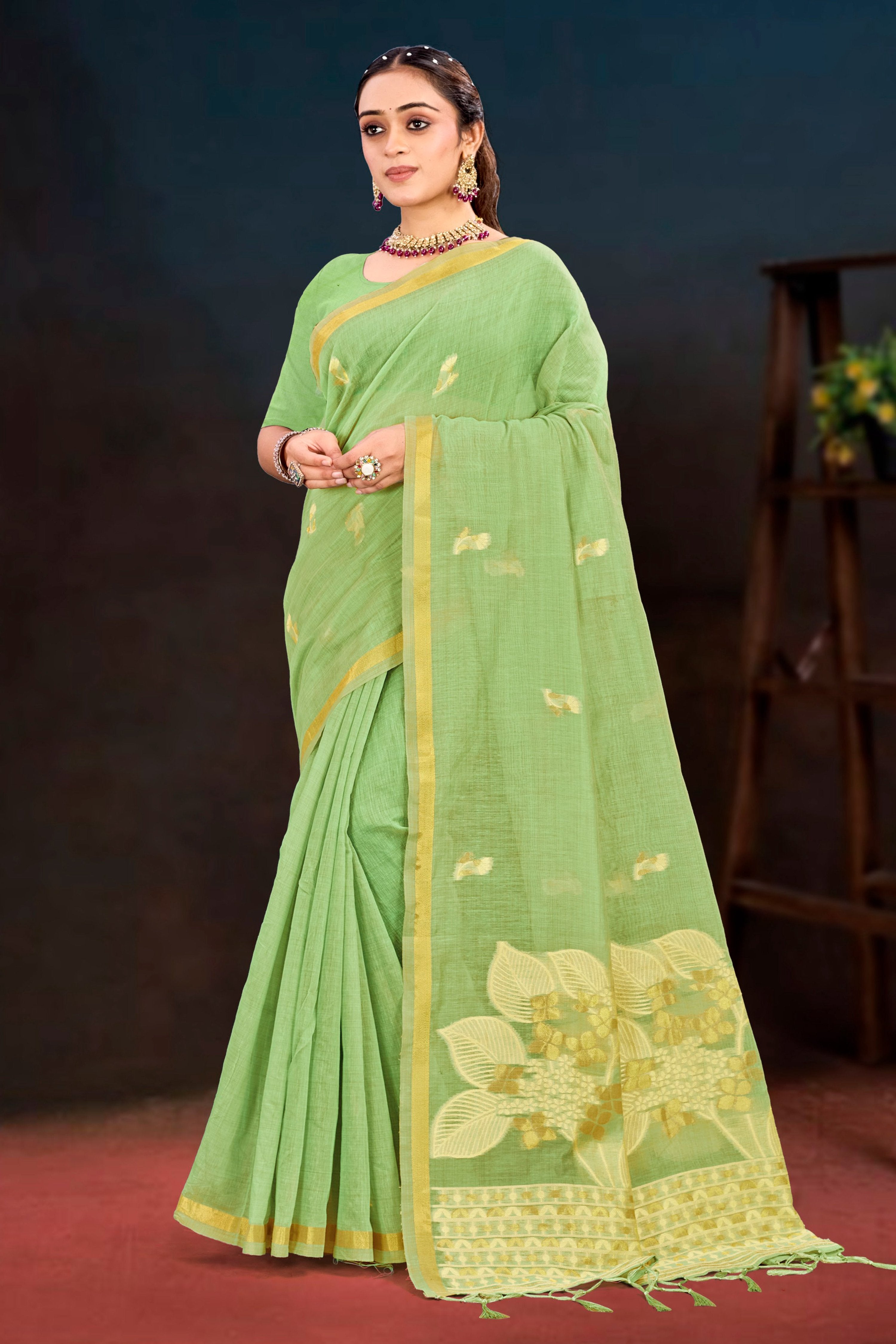 Sangam Prints Pista Green Cotton Blend Woven Work Traditional Saree - Dista