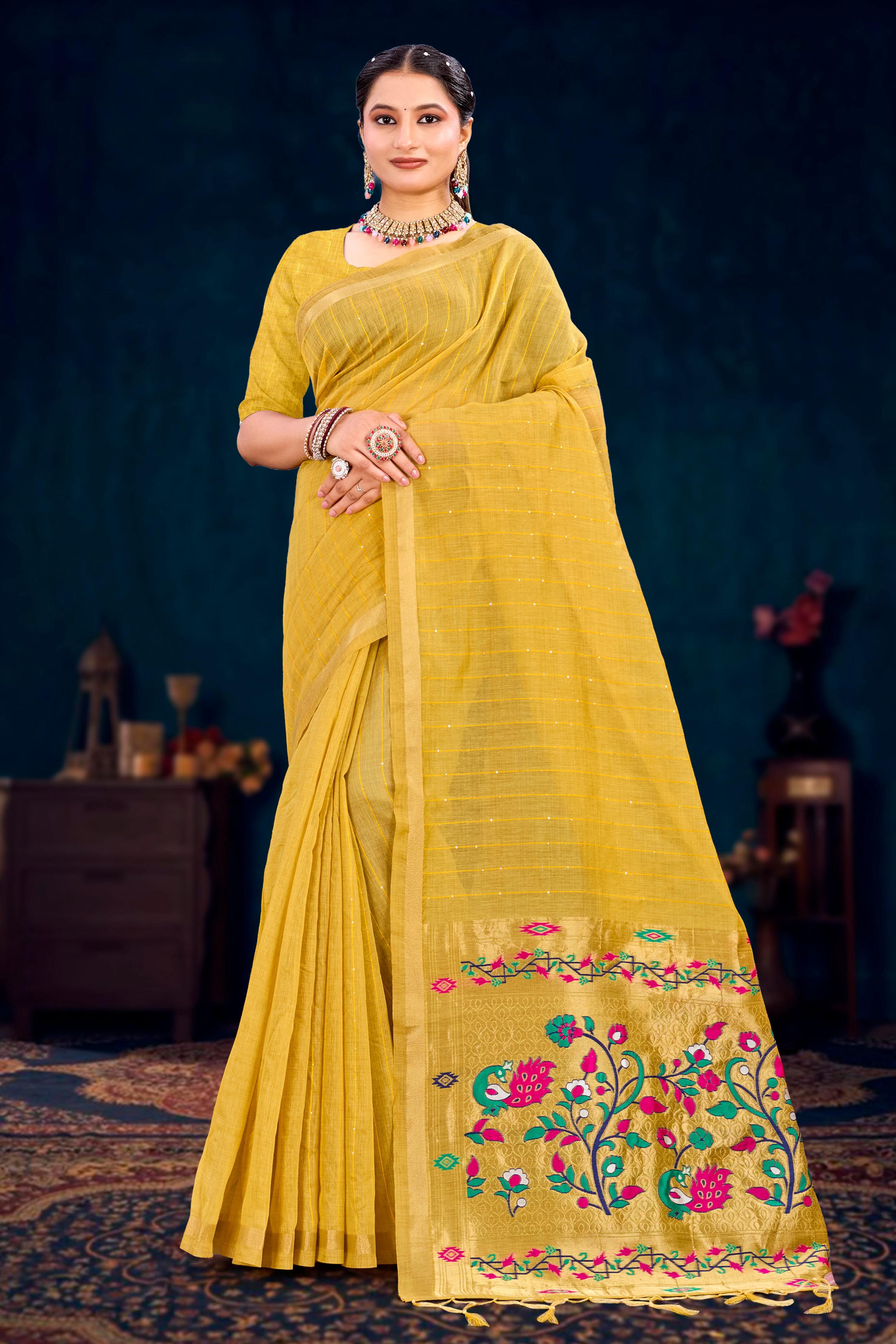 Sangam Prints Mustard Yellow Cotton Blend Woven Work Traditional Saree - Dista