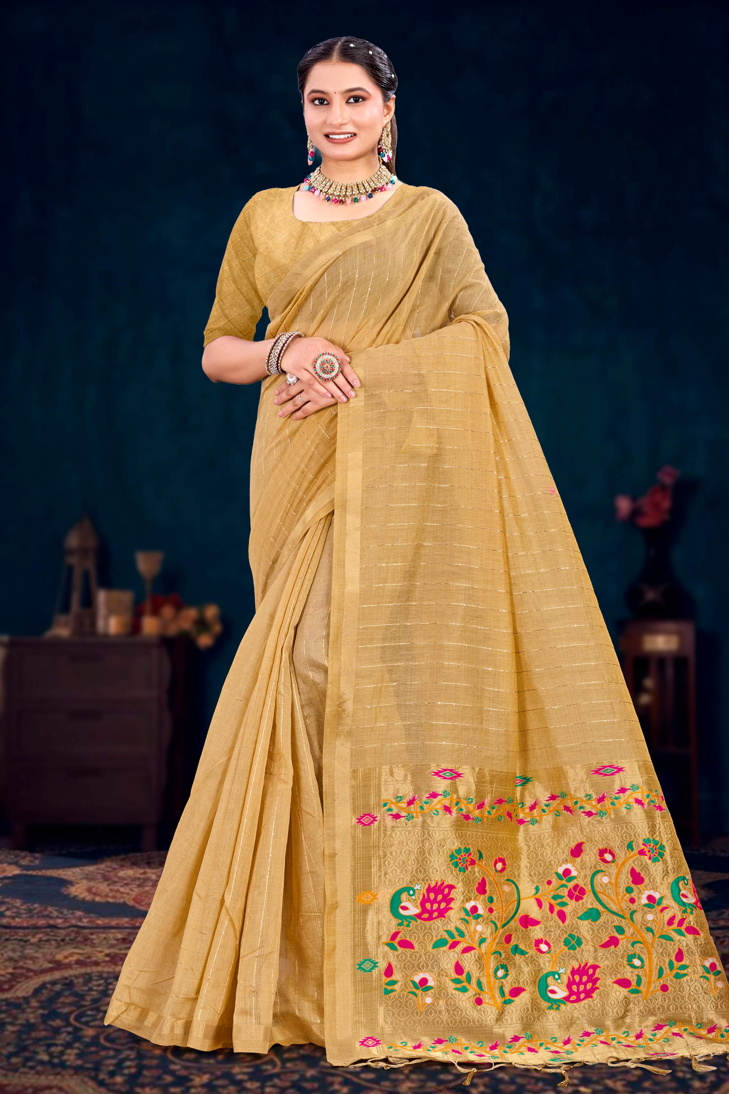 Sangam Prints Beige Gold Cotton Blend Woven Work Traditional Saree - Dista