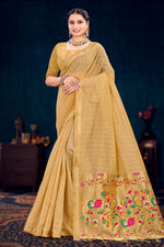 Thumbnail for Sangam Prints Beige Gold Cotton Blend Woven Work Traditional Saree - Dista